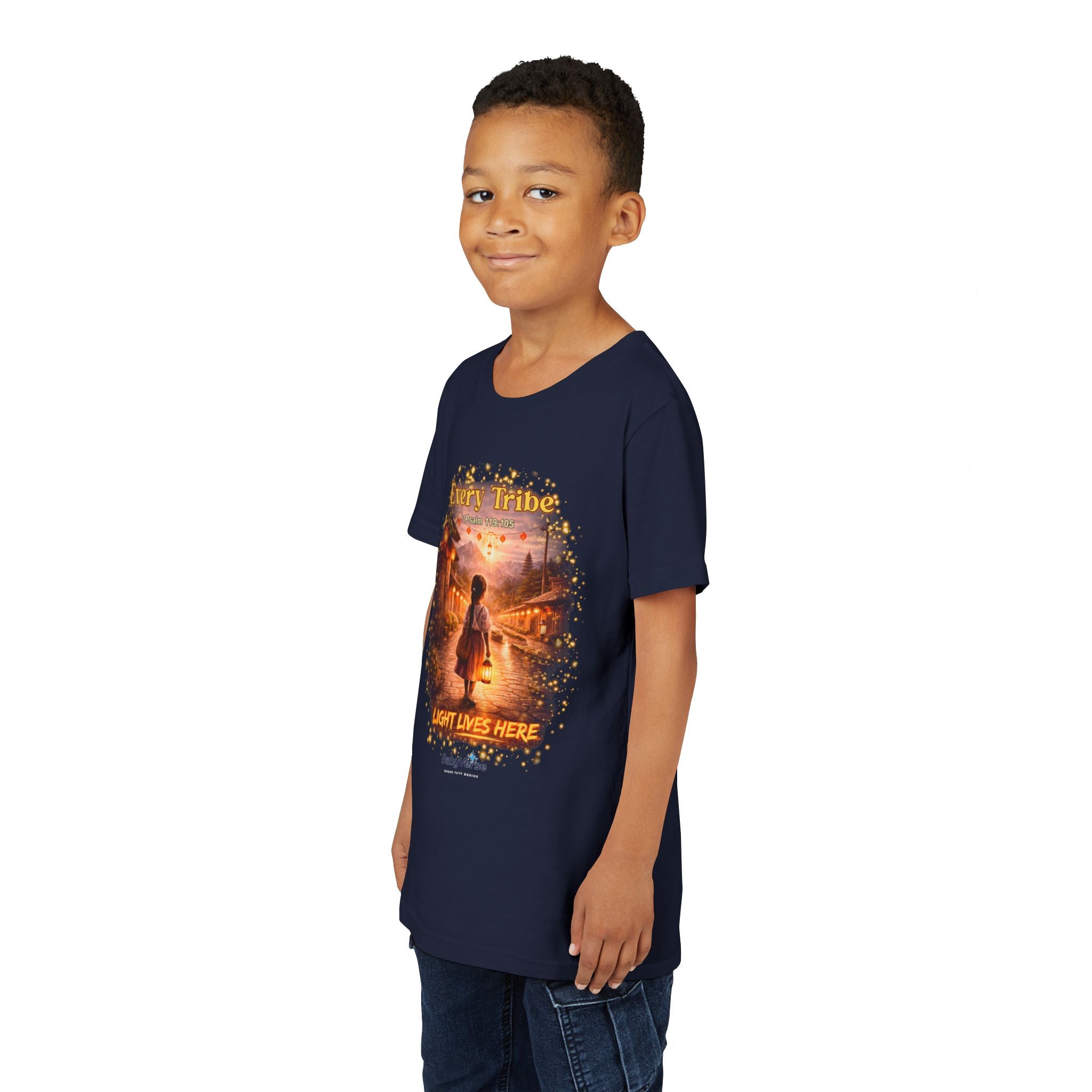 Youth Christian T-Shirt “Light Lives Here” | Psalm 119:105 Faith Kids Shirt | Inspirational Youth Tee