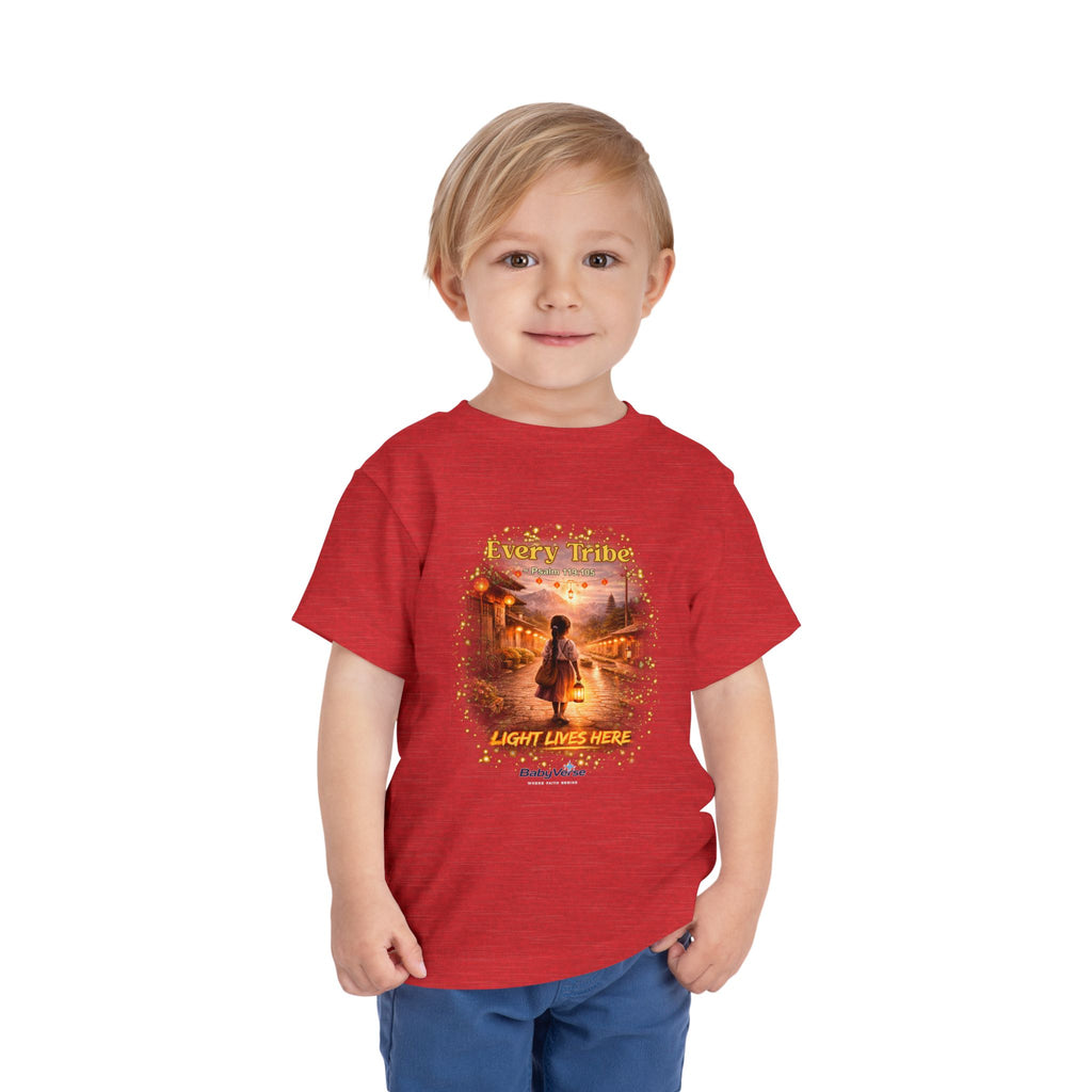 Toddler Tee — “Light Lives Here” Inspirational Christian Tee | Psalm 119:105 Faith Shirt for Kids