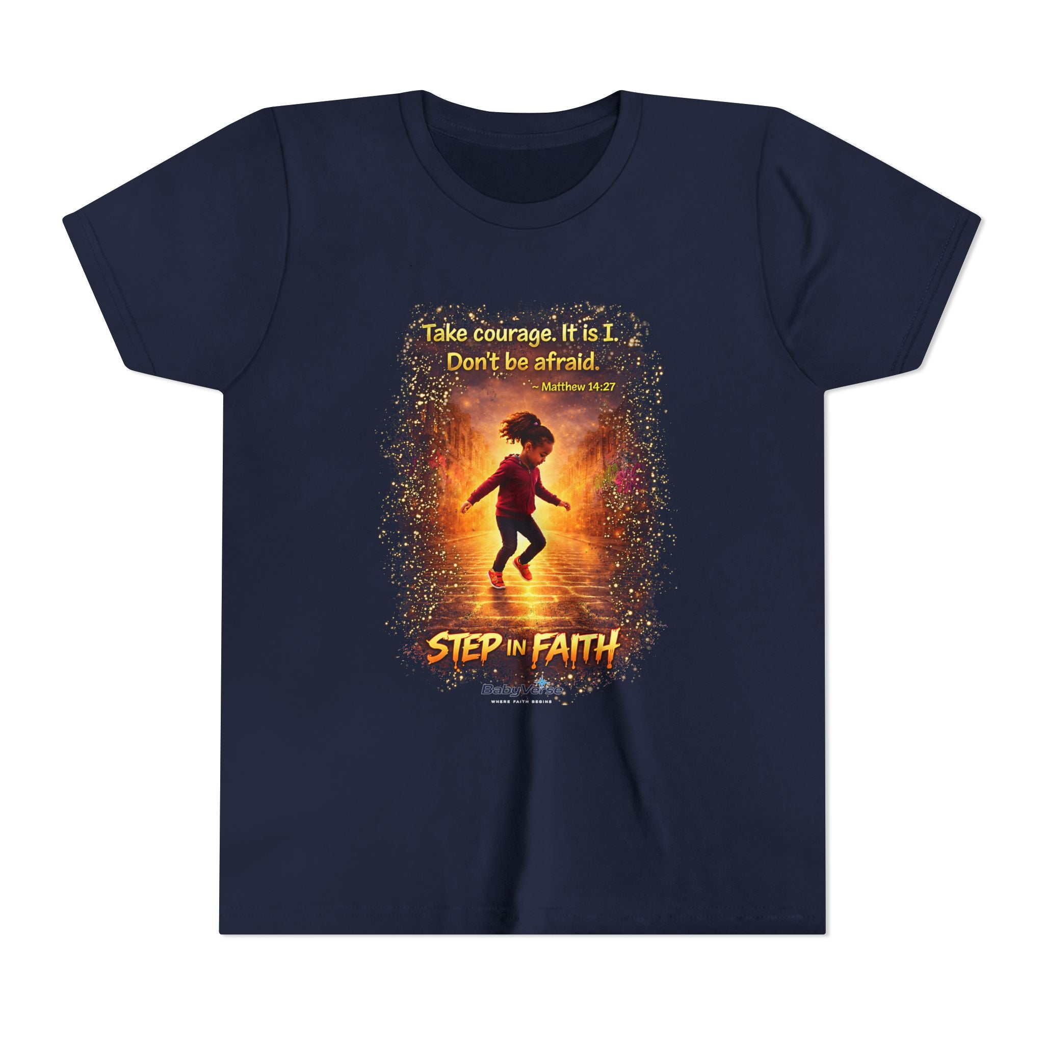 Youth Christian T-Shirt “Step in Faith” | Matthew 14:27 Kids Faith Shirt | Inspirational Bible Verse Youth Tee
