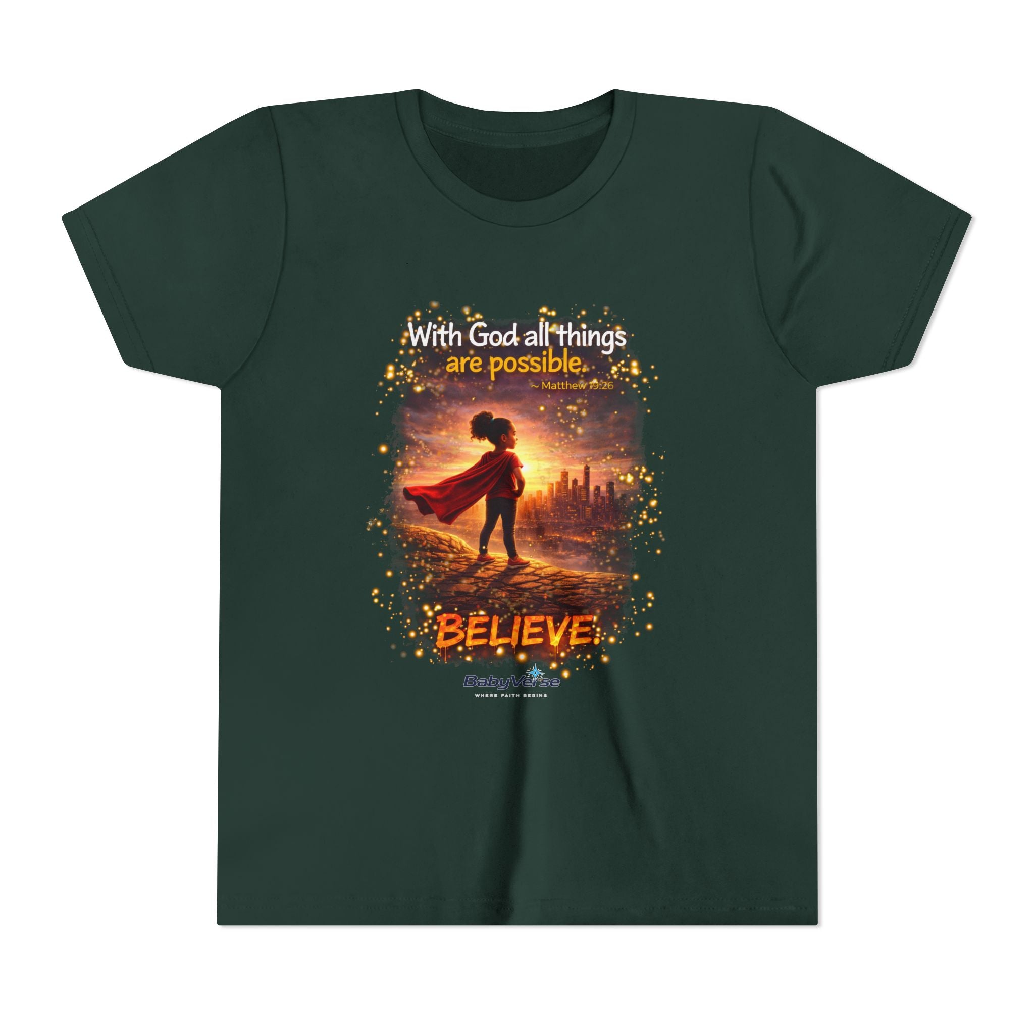 Youth Christian T-Shirt “Believe” | Matthew 19:26 Faith Kids Shirt | Inspirational Bible Verse Youth Tee