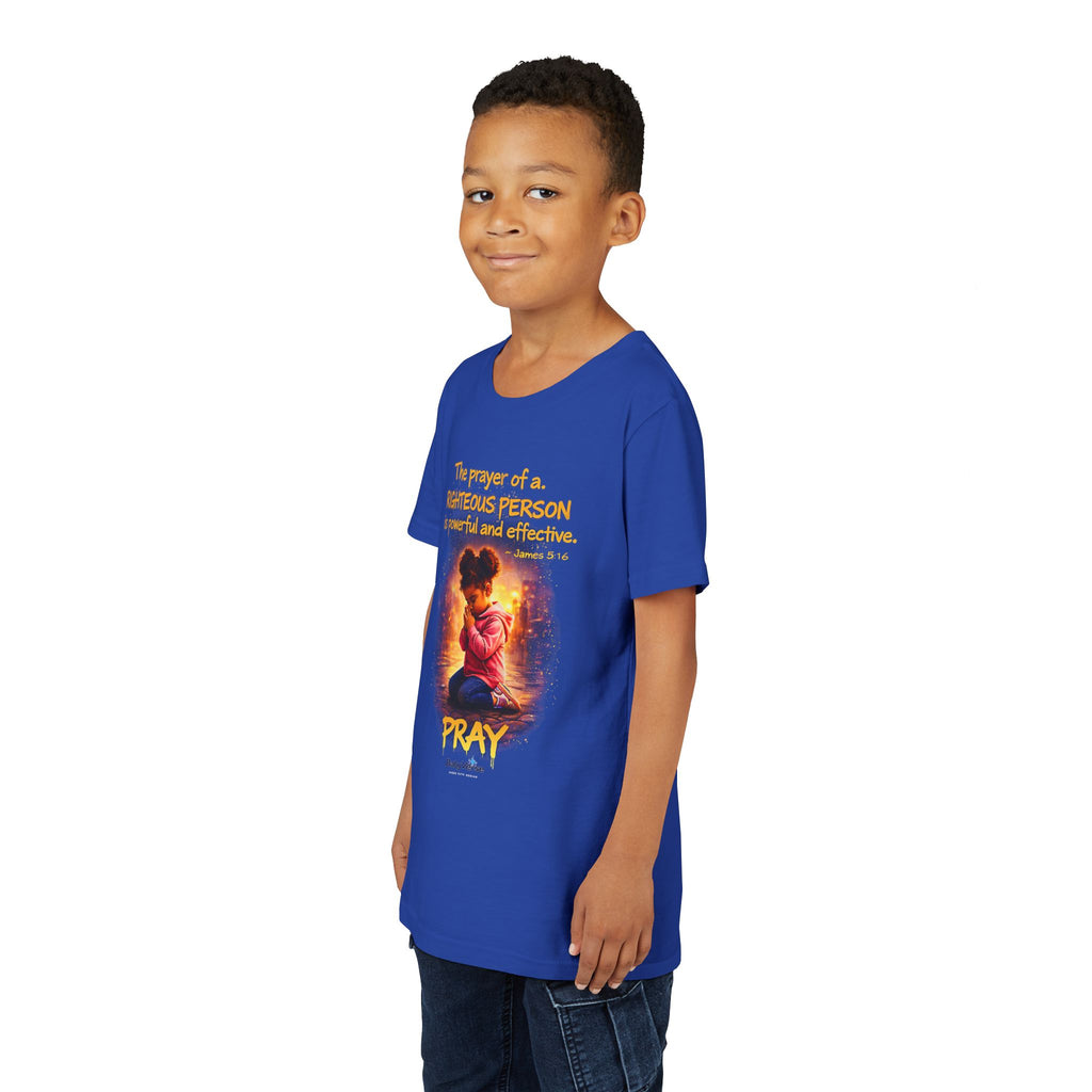 Youth Christian T-Shirt “Pray” | James 5:16 Faith Kids Shirt | Inspirational Youth Tee