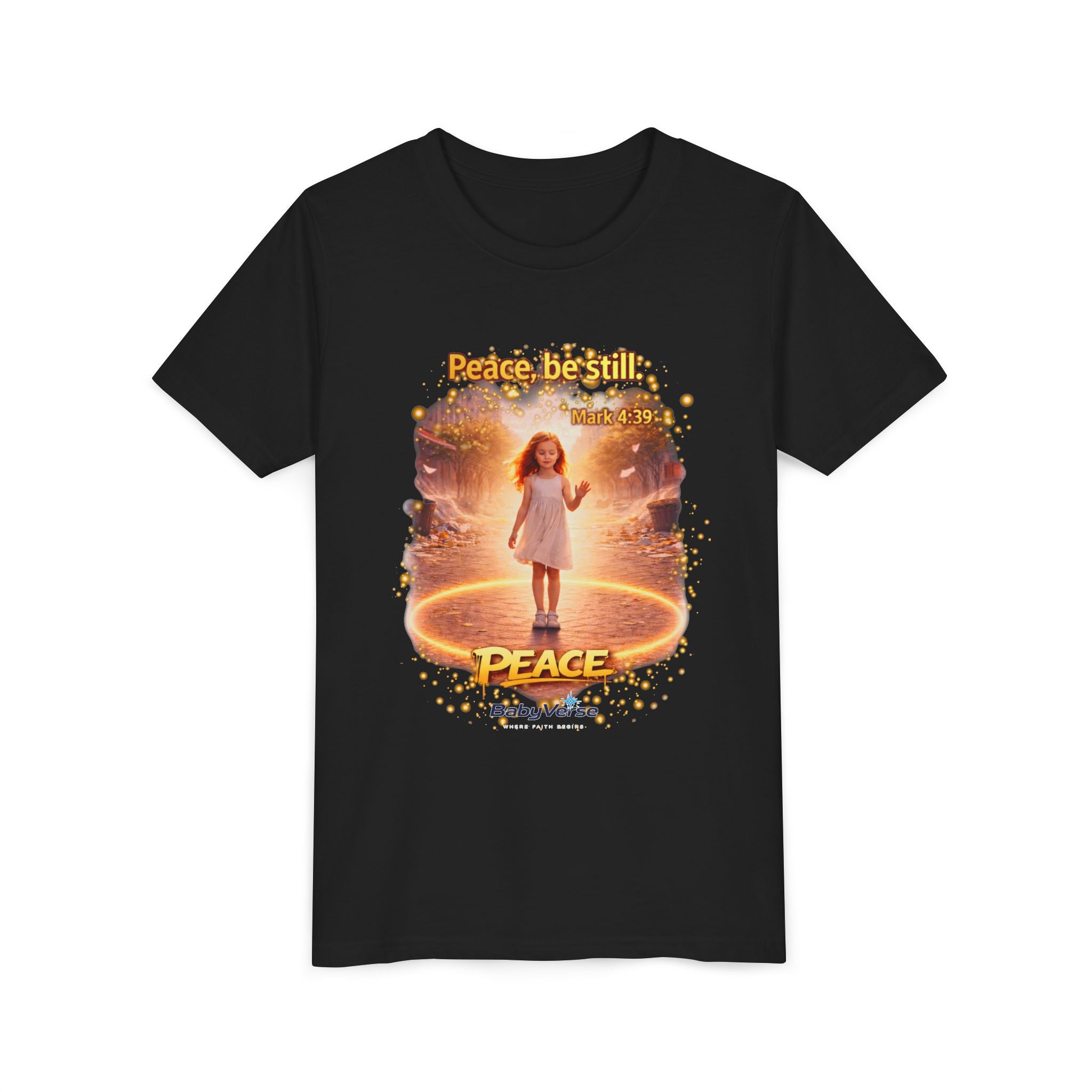 Youth Christian T-Shirt “Peace Be Still” | Mark 4:39 Kids Faith Shirt | Bible Verse Youth Tee