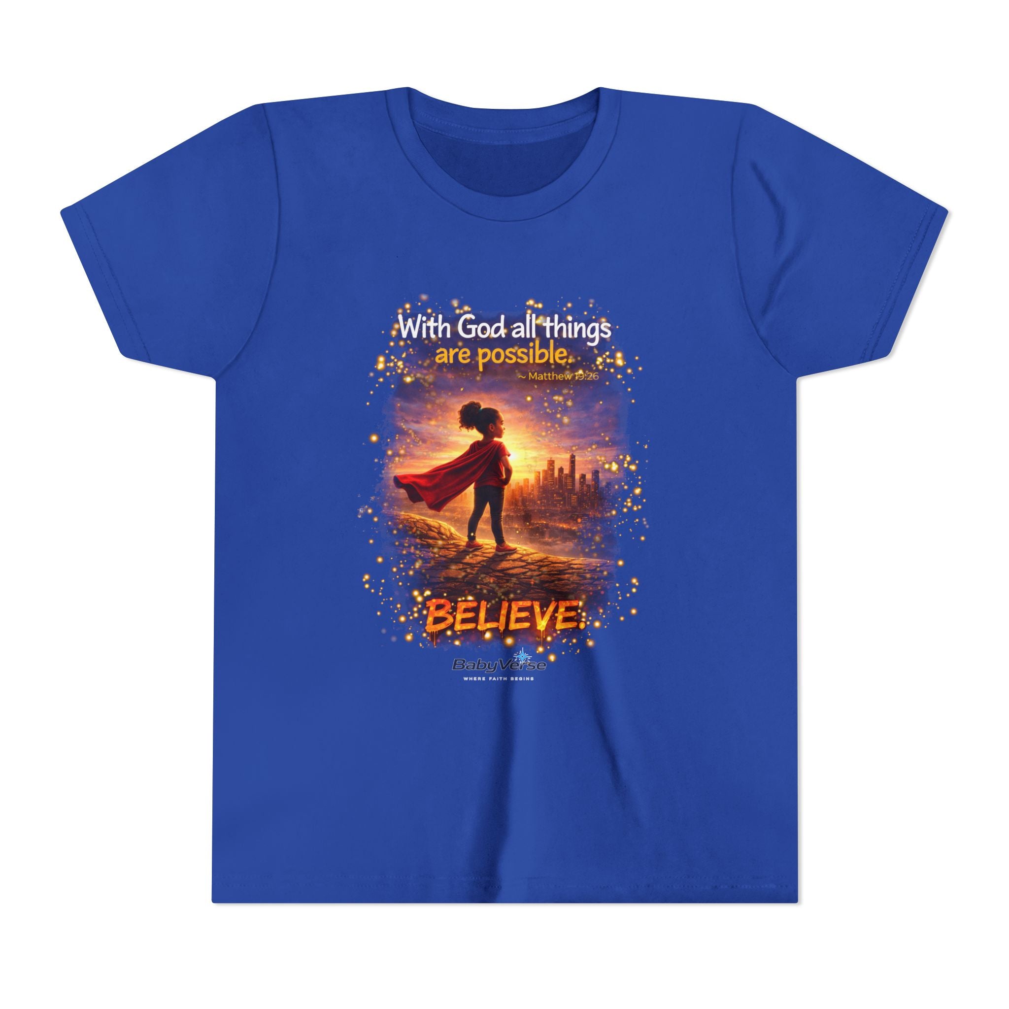 Youth Christian T-Shirt “Believe” | Matthew 19:26 Faith Kids Shirt | Inspirational Bible Verse Youth Tee