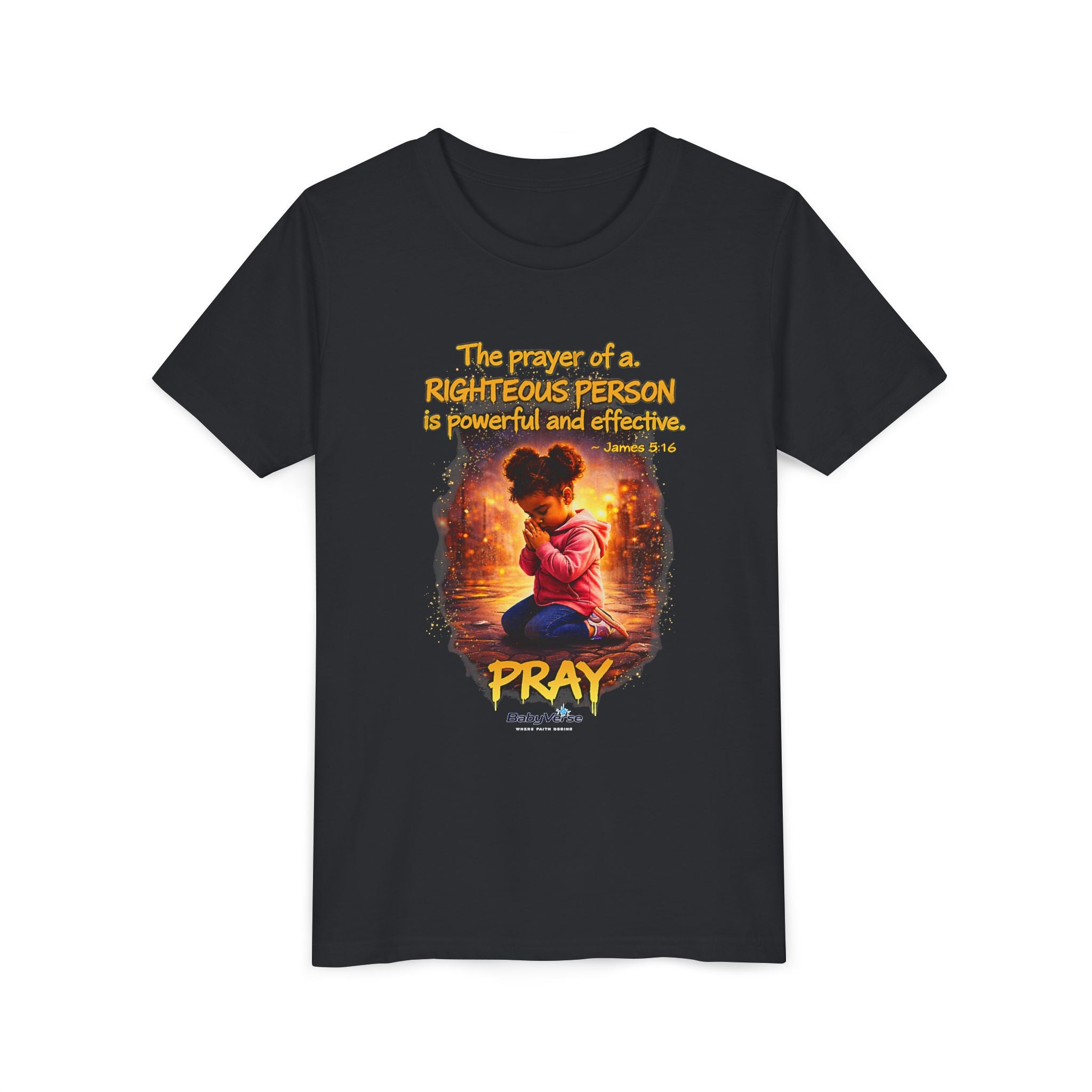 Youth Christian T-Shirt “Pray” | James 5:16 Faith Kids Shirt | Inspirational Youth Tee