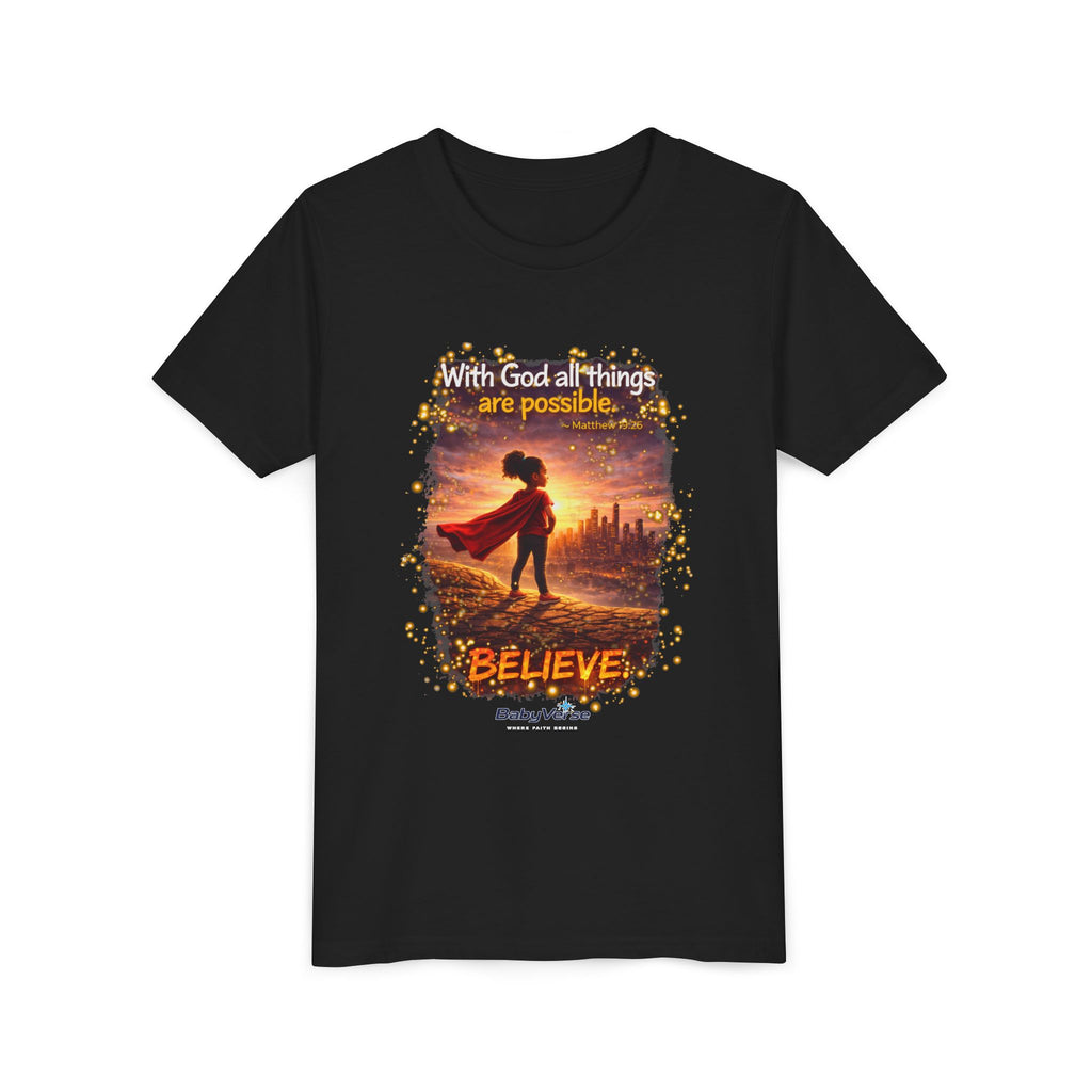 Youth Christian T-Shirt “Believe” | Matthew 19:26 Faith Kids Shirt | Inspirational Bible Verse Youth Tee