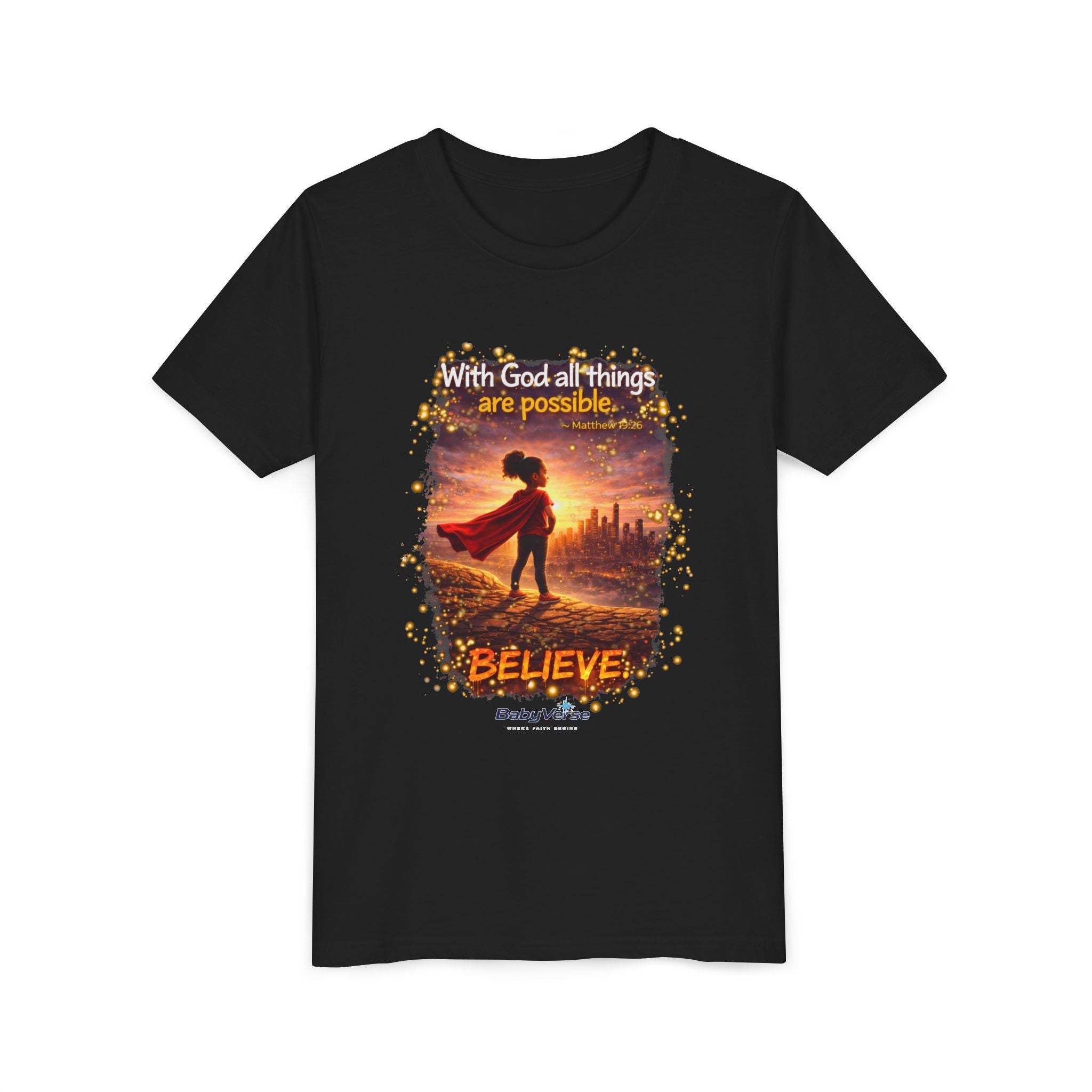 Youth Christian T-Shirt “Believe” | Matthew 19:26 Faith Kids Shirt | Inspirational Bible Verse Youth Tee