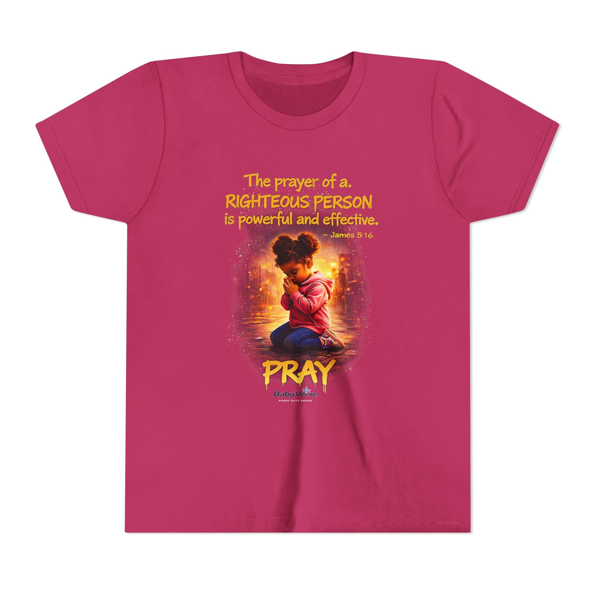 Youth Christian T-Shirt “Pray” | James 5:16 Faith Kids Shirt | Inspirational Youth Tee
