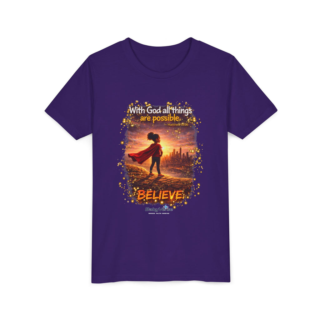 Youth Christian T-Shirt “Believe” | Matthew 19:26 Faith Kids Shirt | Inspirational Bible Verse Youth Tee