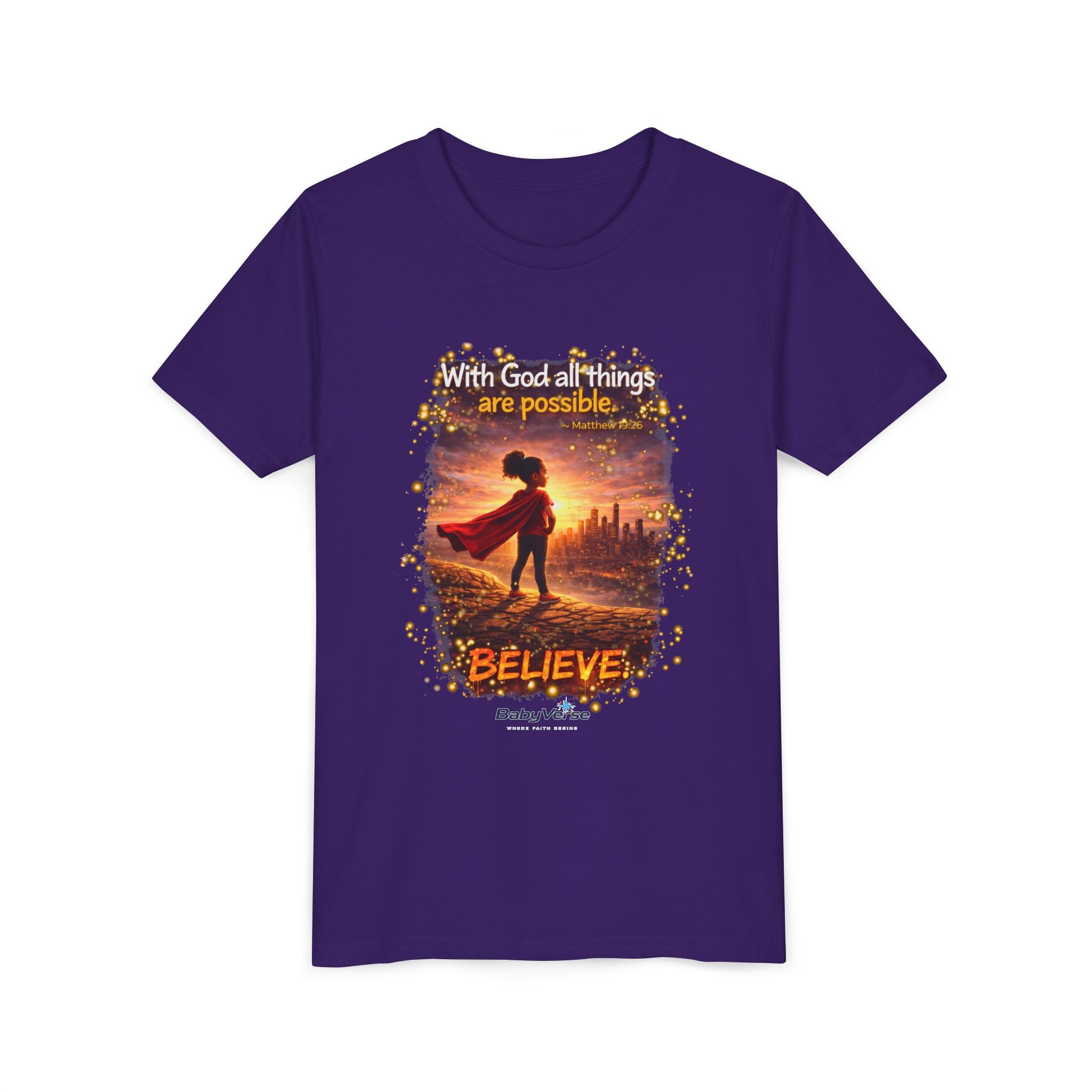 Youth Christian T-Shirt “Believe” | Matthew 19:26 Faith Kids Shirt | Inspirational Bible Verse Youth Tee