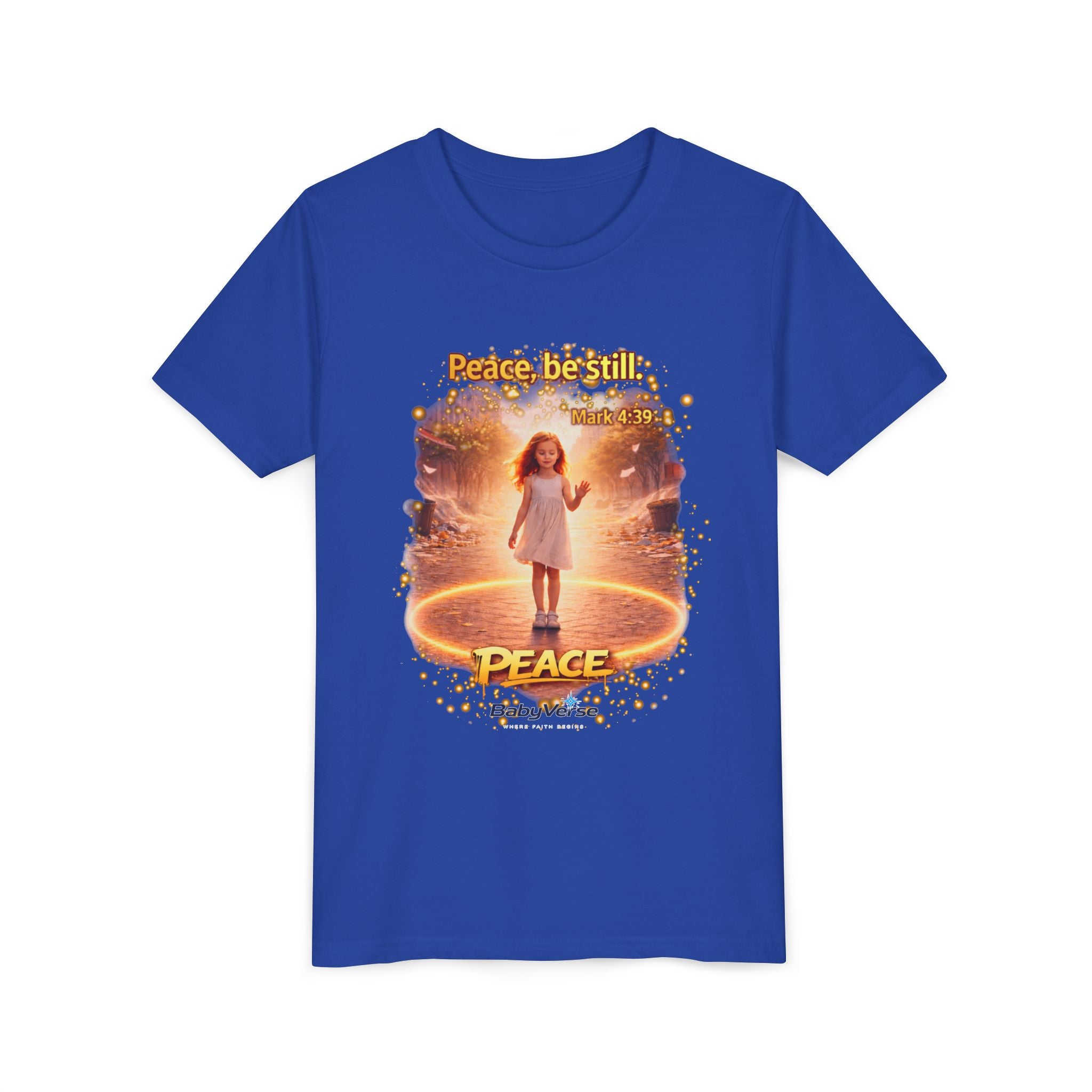 Youth Christian T-Shirt “Peace Be Still” | Mark 4:39 Kids Faith Shirt | Bible Verse Youth Tee