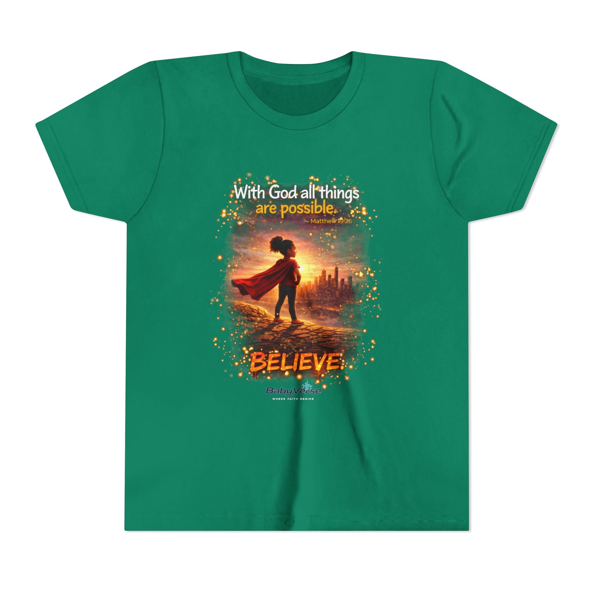 Youth Christian T-Shirt “Believe” | Matthew 19:26 Faith Kids Shirt | Inspirational Bible Verse Youth Tee