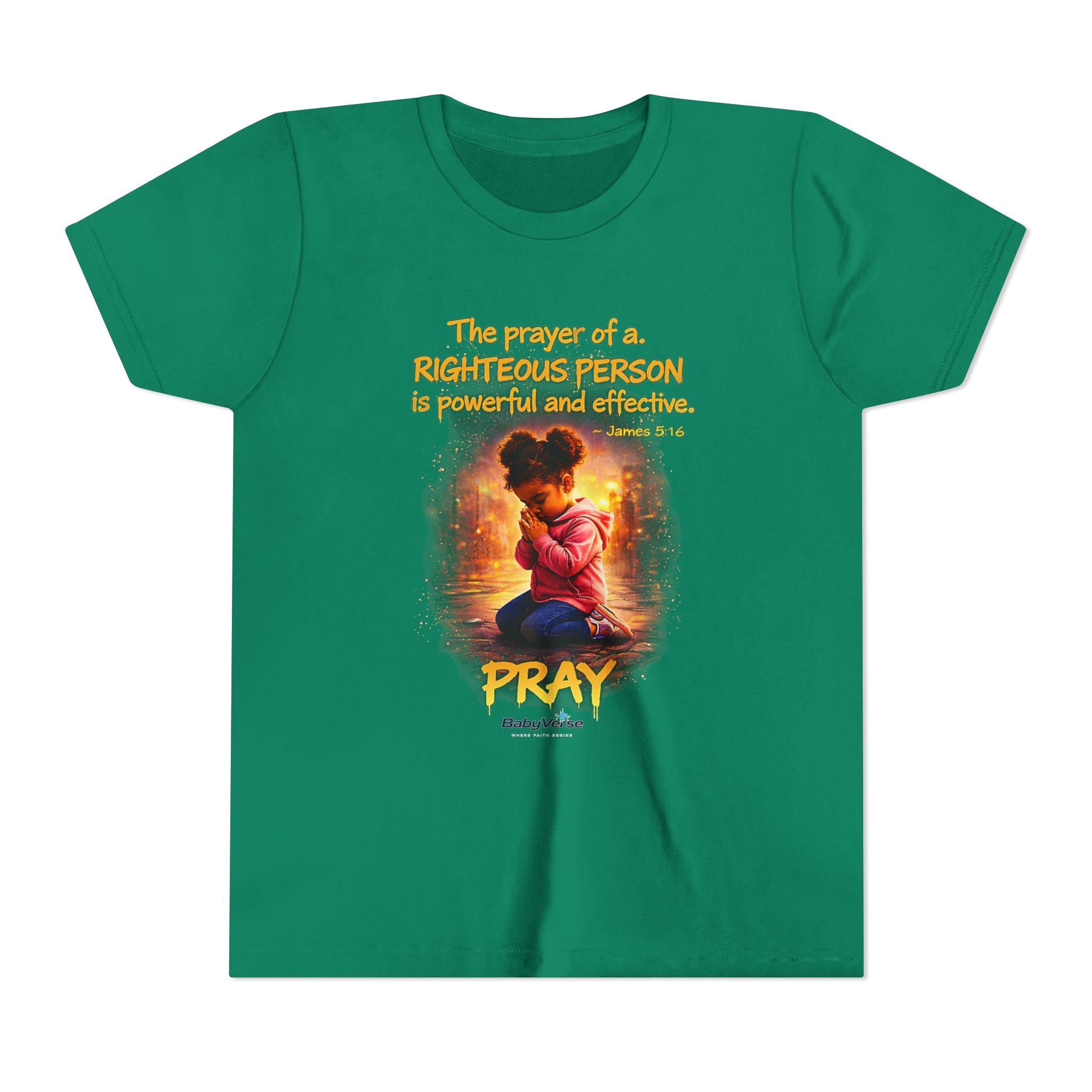 Youth Christian T-Shirt “Pray” | James 5:16 Faith Kids Shirt | Inspirational Youth Tee