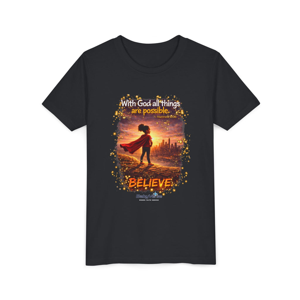 Youth Christian T-Shirt “Believe” | Matthew 19:26 Faith Kids Shirt | Inspirational Bible Verse Youth Tee