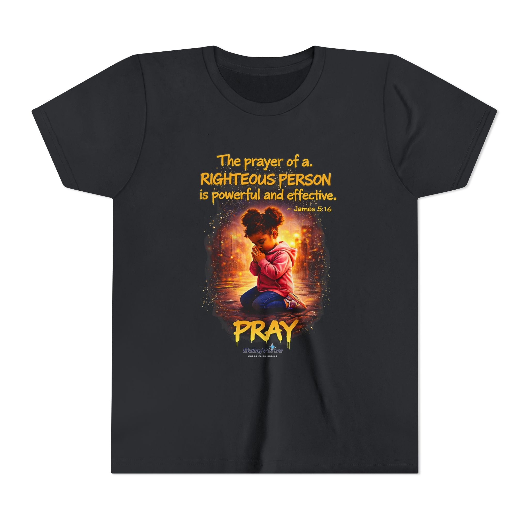 Youth Christian T-Shirt “Pray” | James 5:16 Faith Kids Shirt | Inspirational Youth Tee