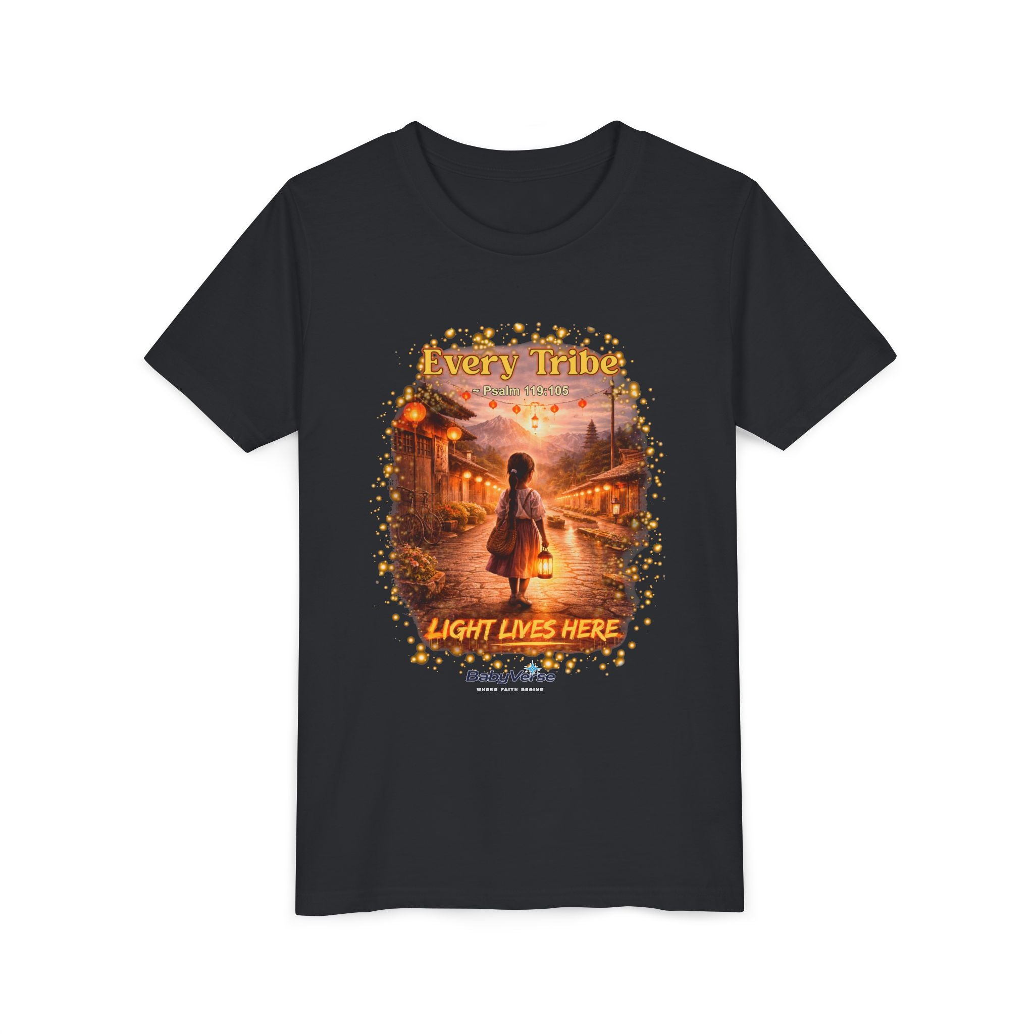 Youth Christian T-Shirt “Light Lives Here” | Psalm 119:105 Faith Kids Shirt | Inspirational Youth Tee