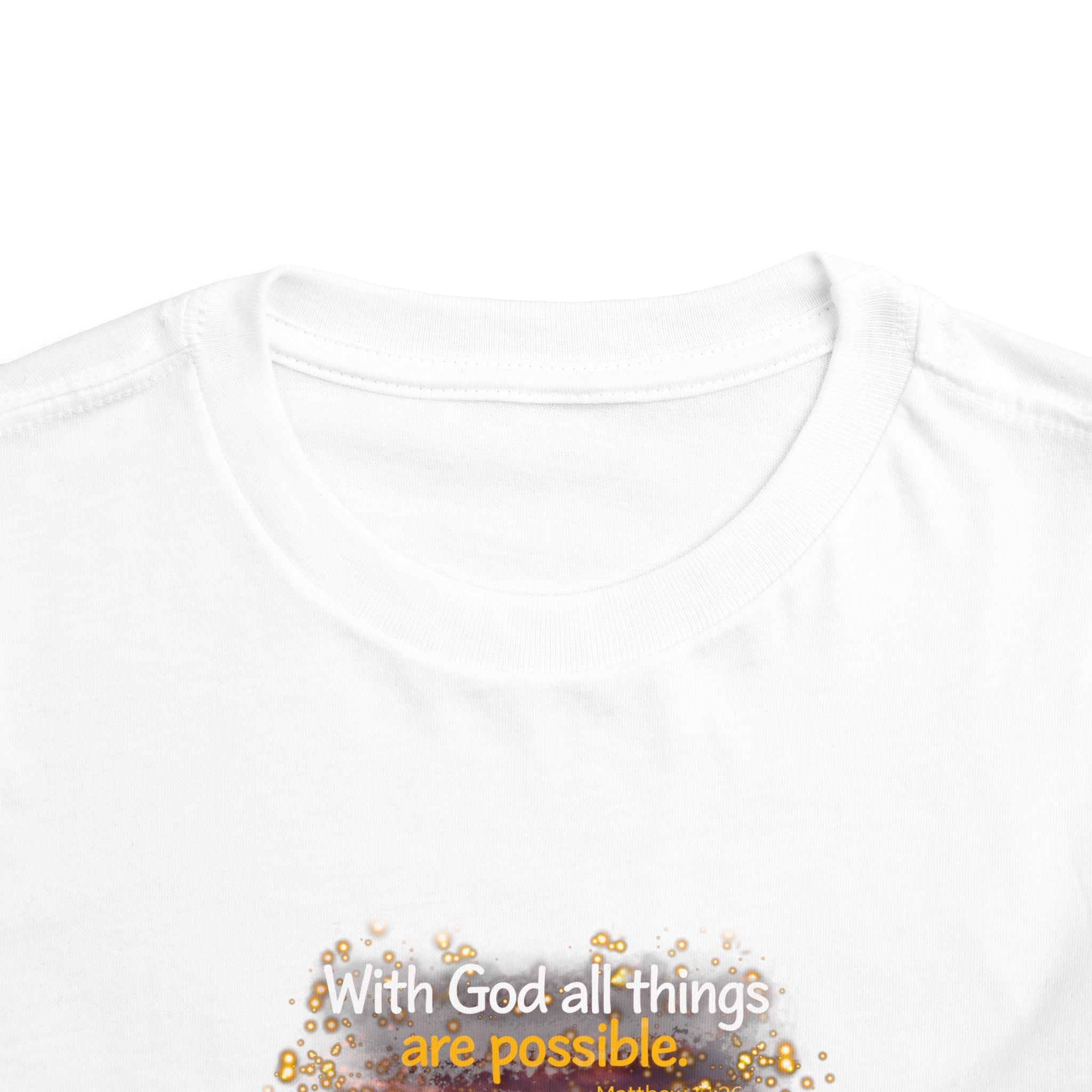 Toddler Tee — “Believe” Inspirational Christian Tee | Matthew 19:26 Bible Verse Faith Shirt for Kids