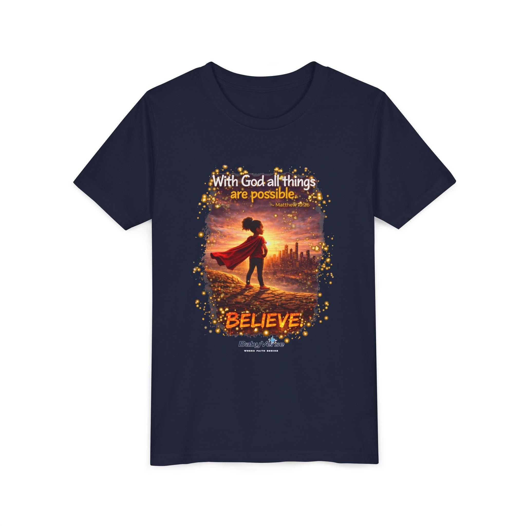 Youth Christian T-Shirt “Believe” | Matthew 19:26 Faith Kids Shirt | Inspirational Bible Verse Youth Tee
