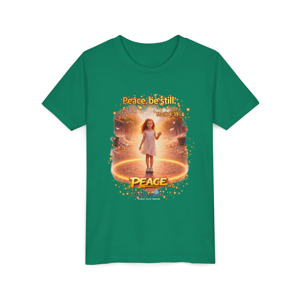 Youth Christian T-Shirt “Peace Be Still” | Mark 4:39 Kids Faith Shirt | Bible Verse Youth Tee