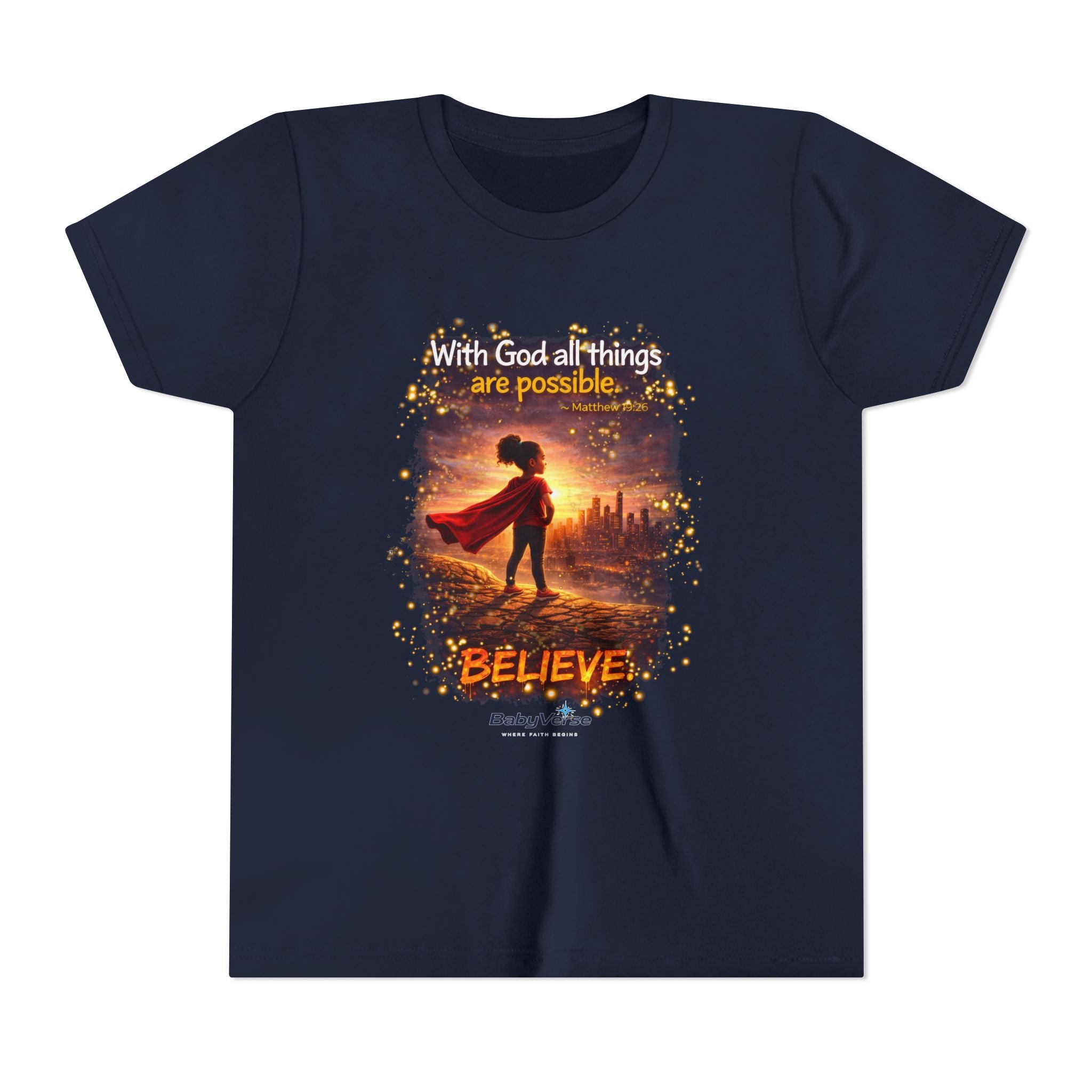 Youth Christian T-Shirt “Believe” | Matthew 19:26 Faith Kids Shirt | Inspirational Bible Verse Youth Tee