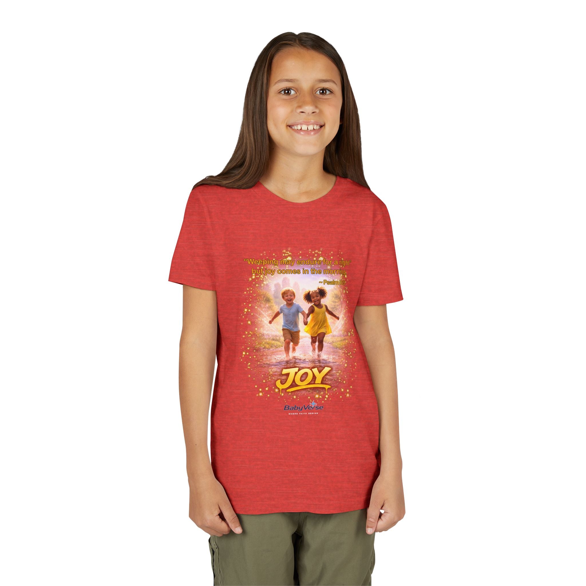 Youth Christian T-Shirt “Joy” | Psalm 30:5 Faith Kids Shirt | Inspirational Bible Verse Youth Tee