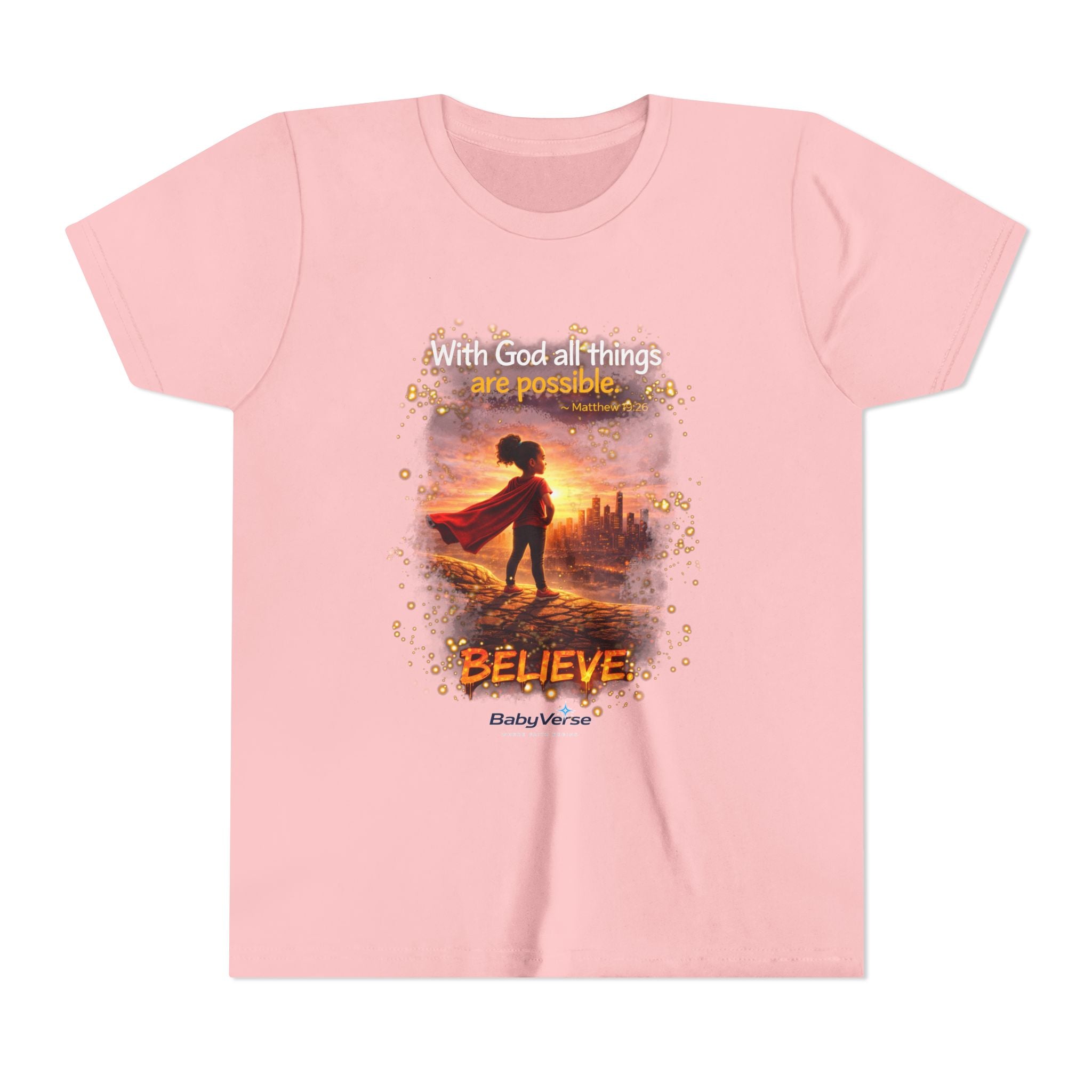 Youth Christian T-Shirt “Believe” | Matthew 19:26 Faith Kids Shirt | Inspirational Bible Verse Youth Tee