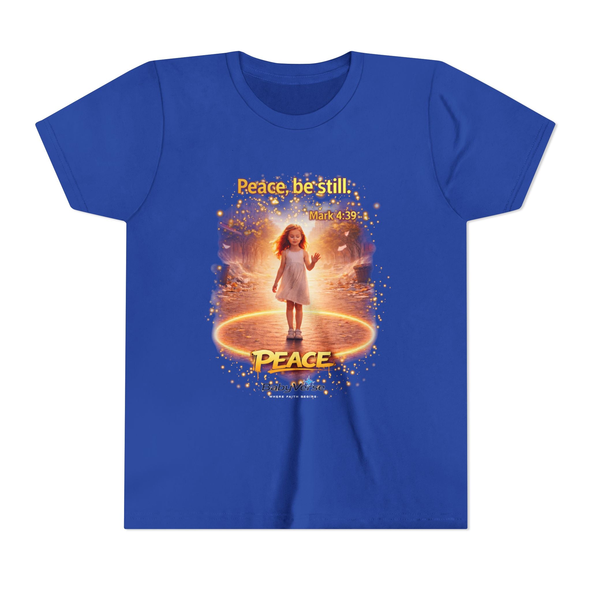 Youth Christian T-Shirt “Peace Be Still” | Mark 4:39 Kids Faith Shirt | Bible Verse Youth Tee