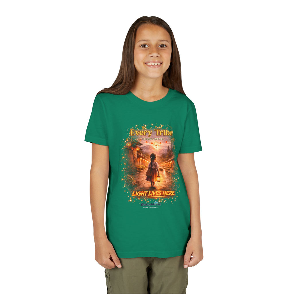 Youth Christian T-Shirt “Light Lives Here” | Psalm 119:105 Faith Kids Shirt | Inspirational Youth Tee
