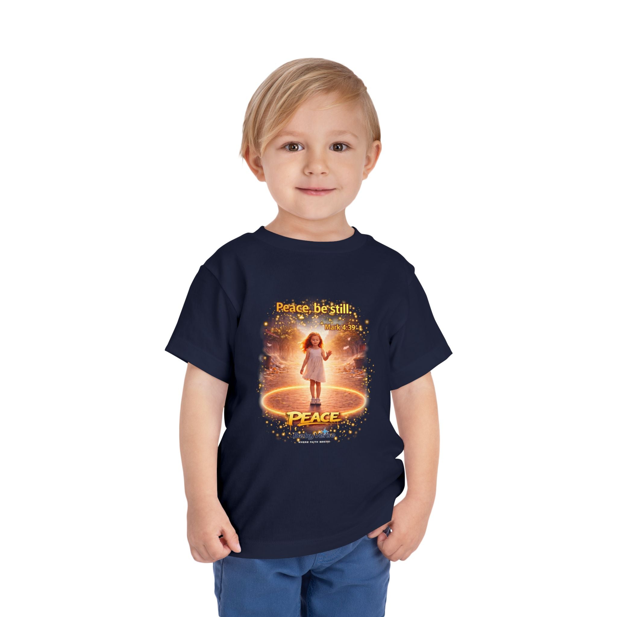 Toddler Tee — “Peace, Be Still” Inspirational Christian Tee | Mark 4:39 Bible Verse Faith Shirt for Kids