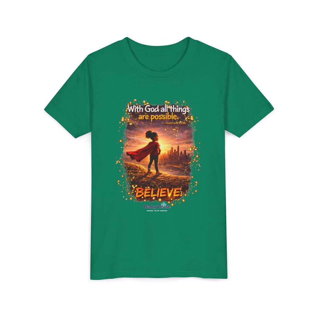 Youth Christian T-Shirt “Believe” | Matthew 19:26 Faith Kids Shirt | Inspirational Bible Verse Youth Tee