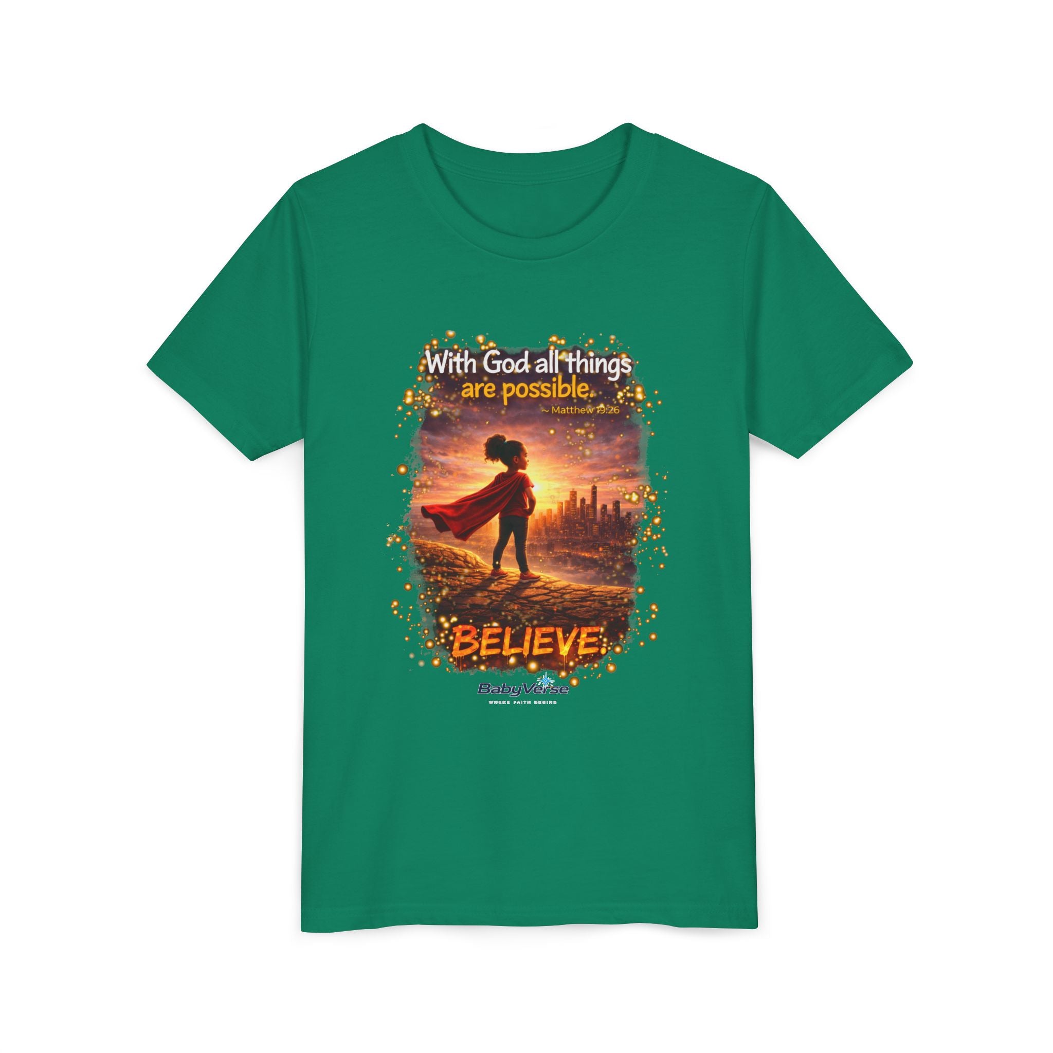 Youth Christian T-Shirt “Believe” | Matthew 19:26 Faith Kids Shirt | Inspirational Bible Verse Youth Tee