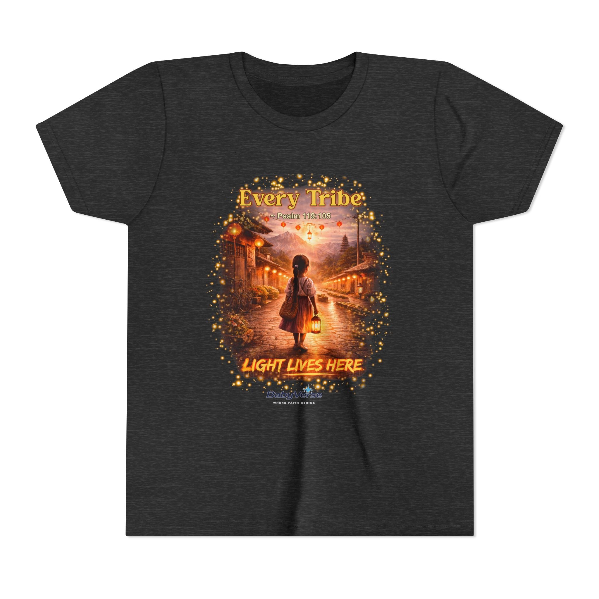 Youth Christian T-Shirt “Light Lives Here” | Psalm 119:105 Faith Kids Shirt | Inspirational Youth Tee