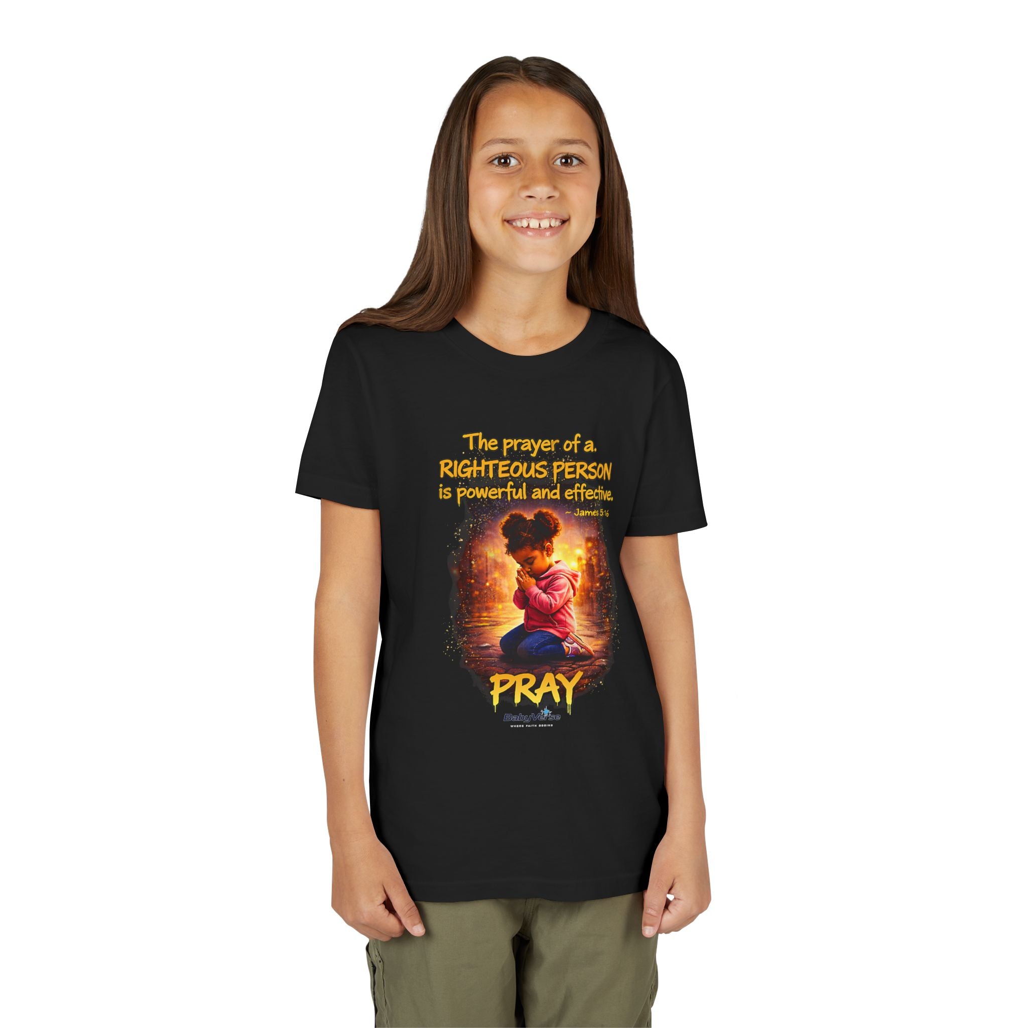 Youth Christian T-Shirt “Pray” | James 5:16 Faith Kids Shirt | Inspirational Youth Tee