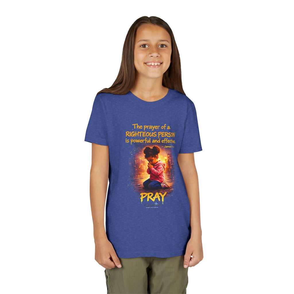 Youth Christian T-Shirt “Pray” | James 5:16 Faith Kids Shirt | Inspirational Youth Tee