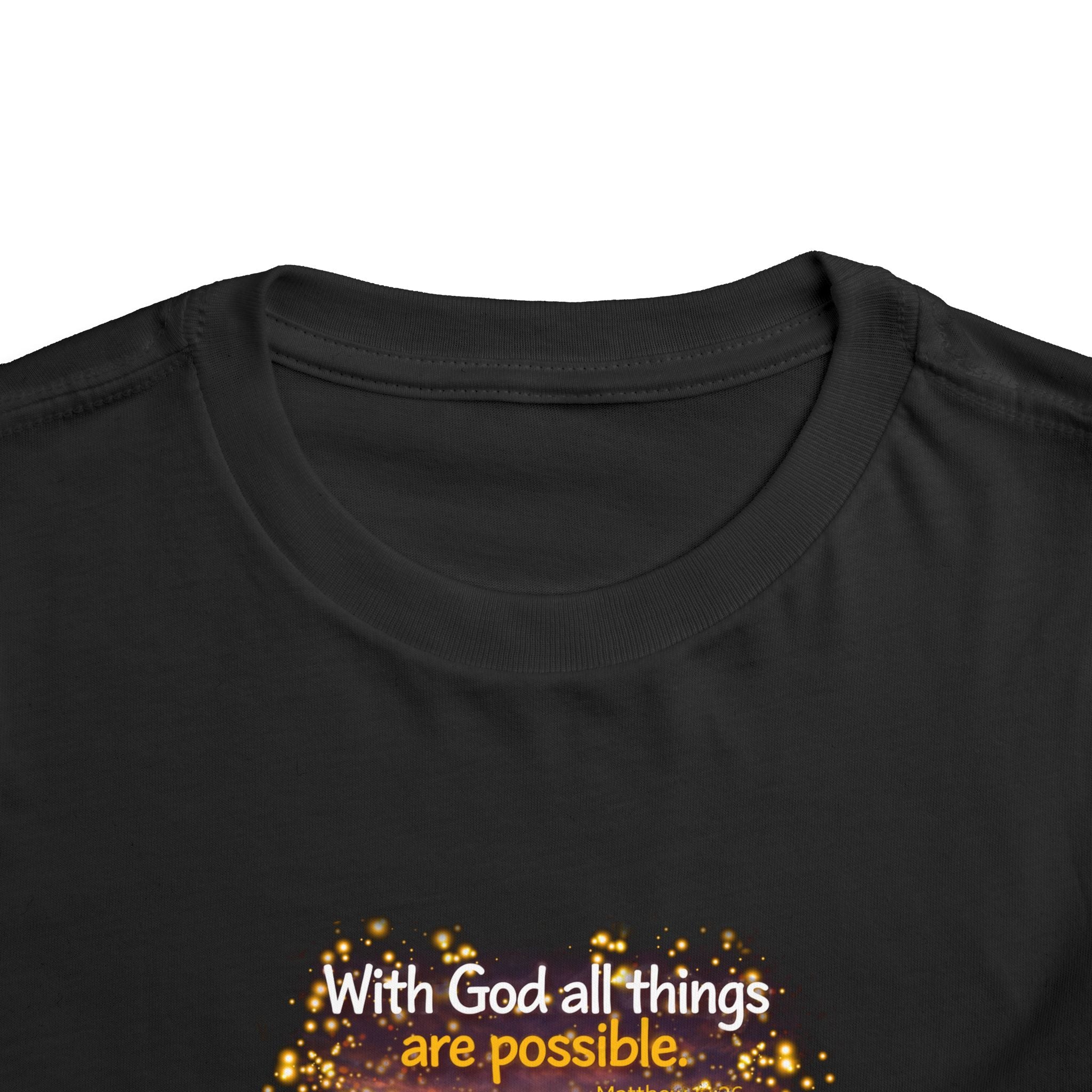 Toddler Tee — “Believe” Inspirational Christian Tee | Matthew 19:26 Bible Verse Faith Shirt for Kids