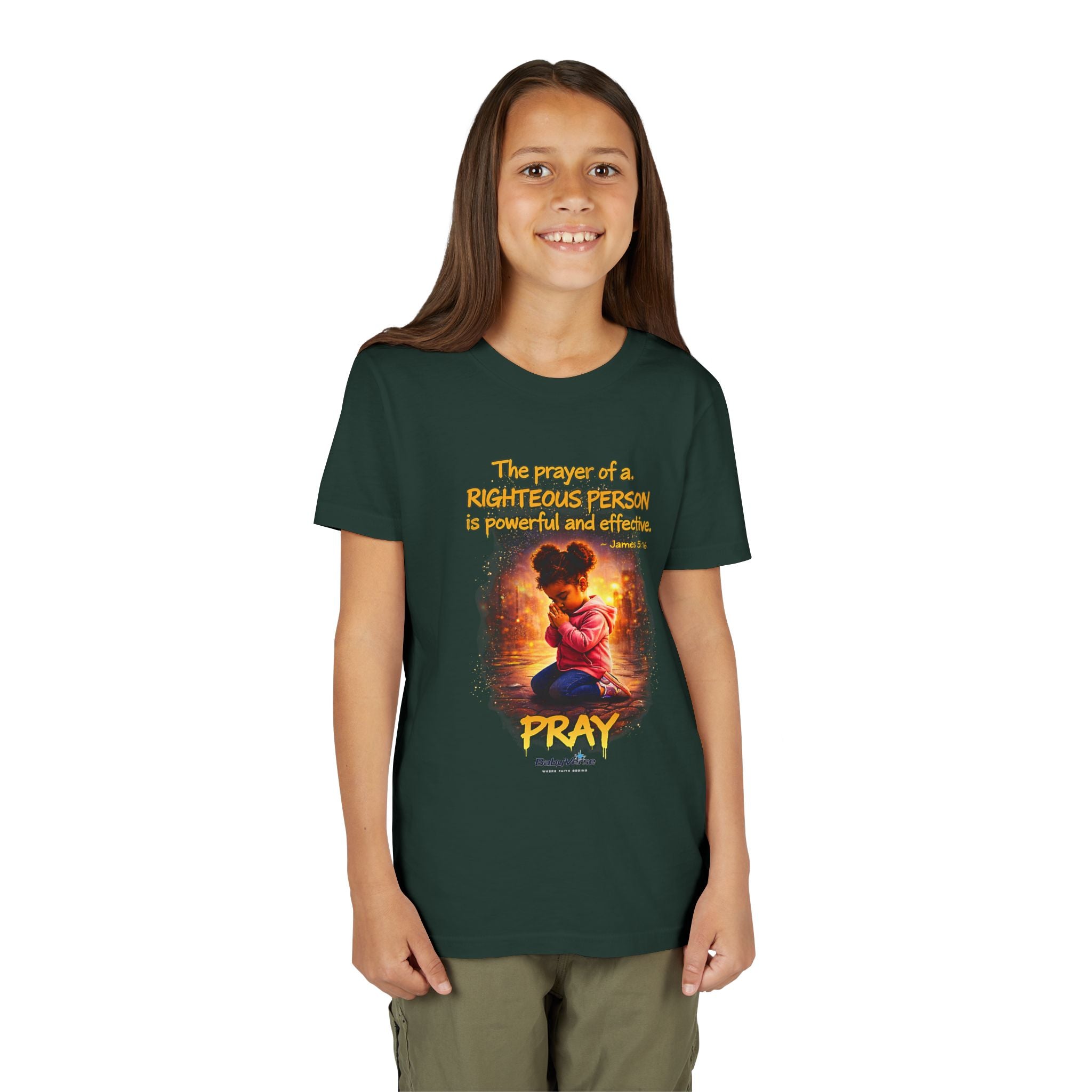 Youth Christian T-Shirt “Pray” | James 5:16 Faith Kids Shirt | Inspirational Youth Tee