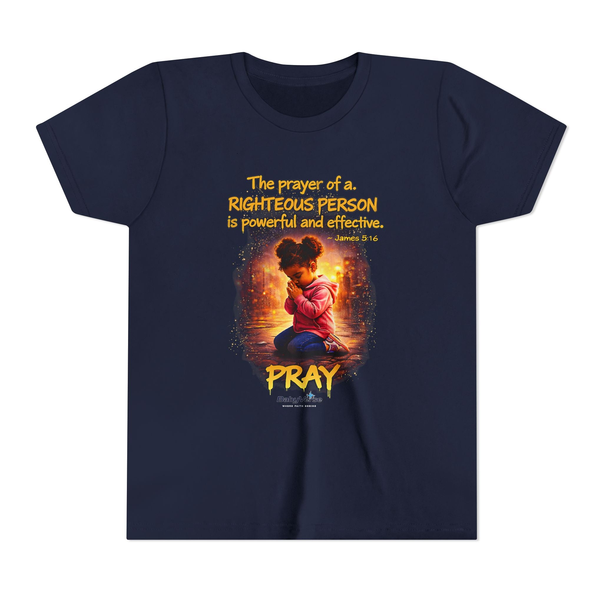 Youth Christian T-Shirt “Pray” | James 5:16 Faith Kids Shirt | Inspirational Youth Tee