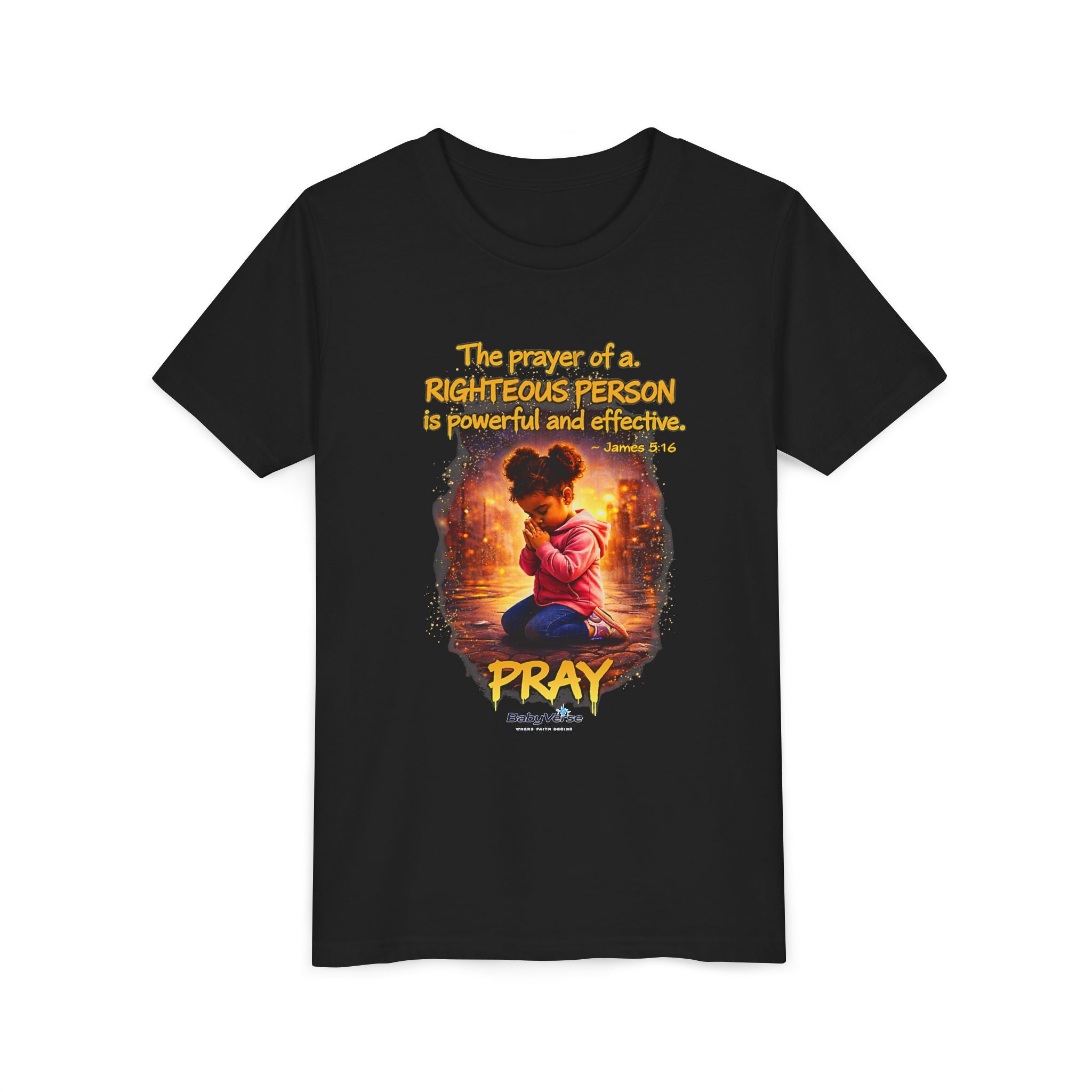 Youth Christian T-Shirt “Pray” | James 5:16 Faith Kids Shirt | Inspirational Youth Tee