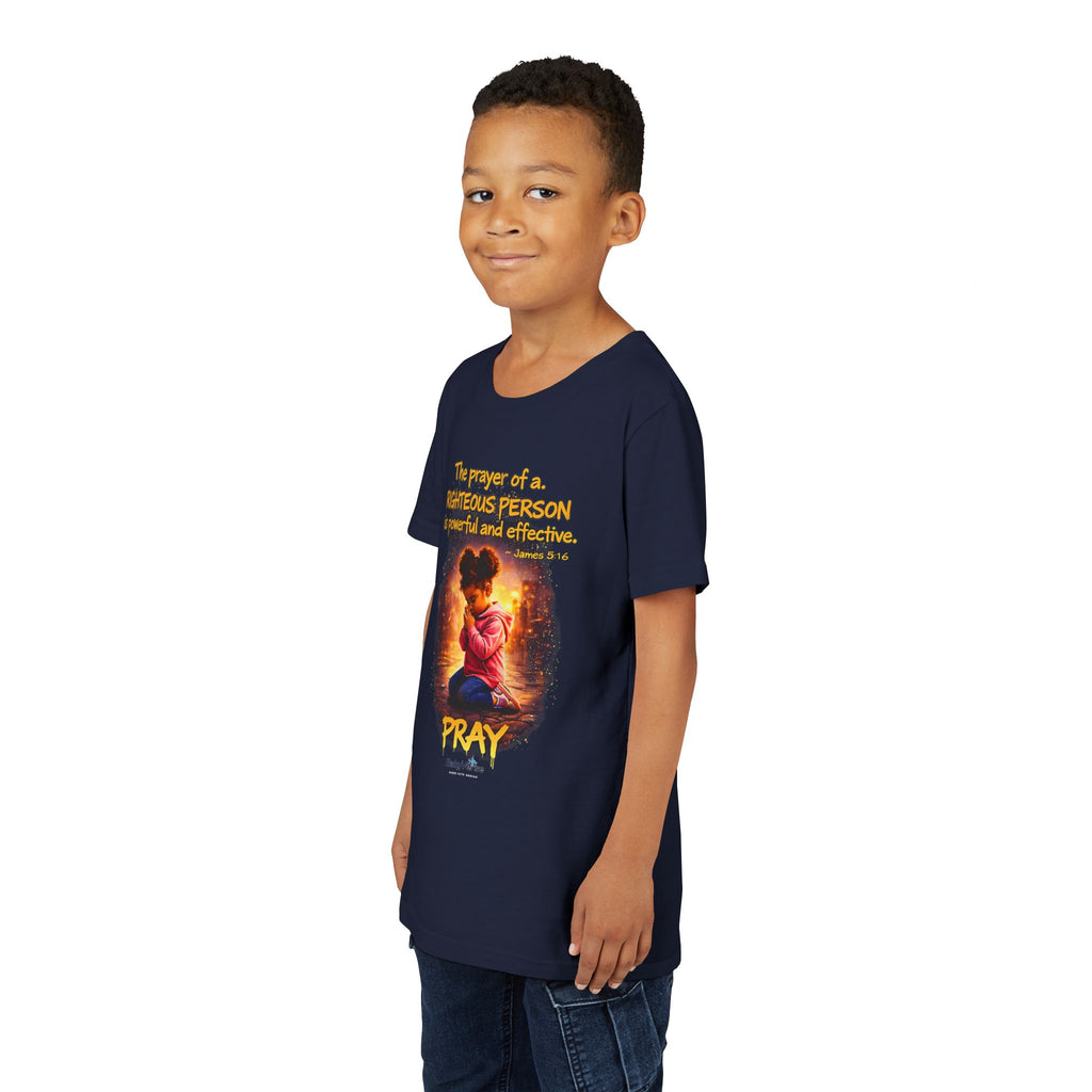 Youth Christian T-Shirt “Pray” | James 5:16 Faith Kids Shirt | Inspirational Youth Tee