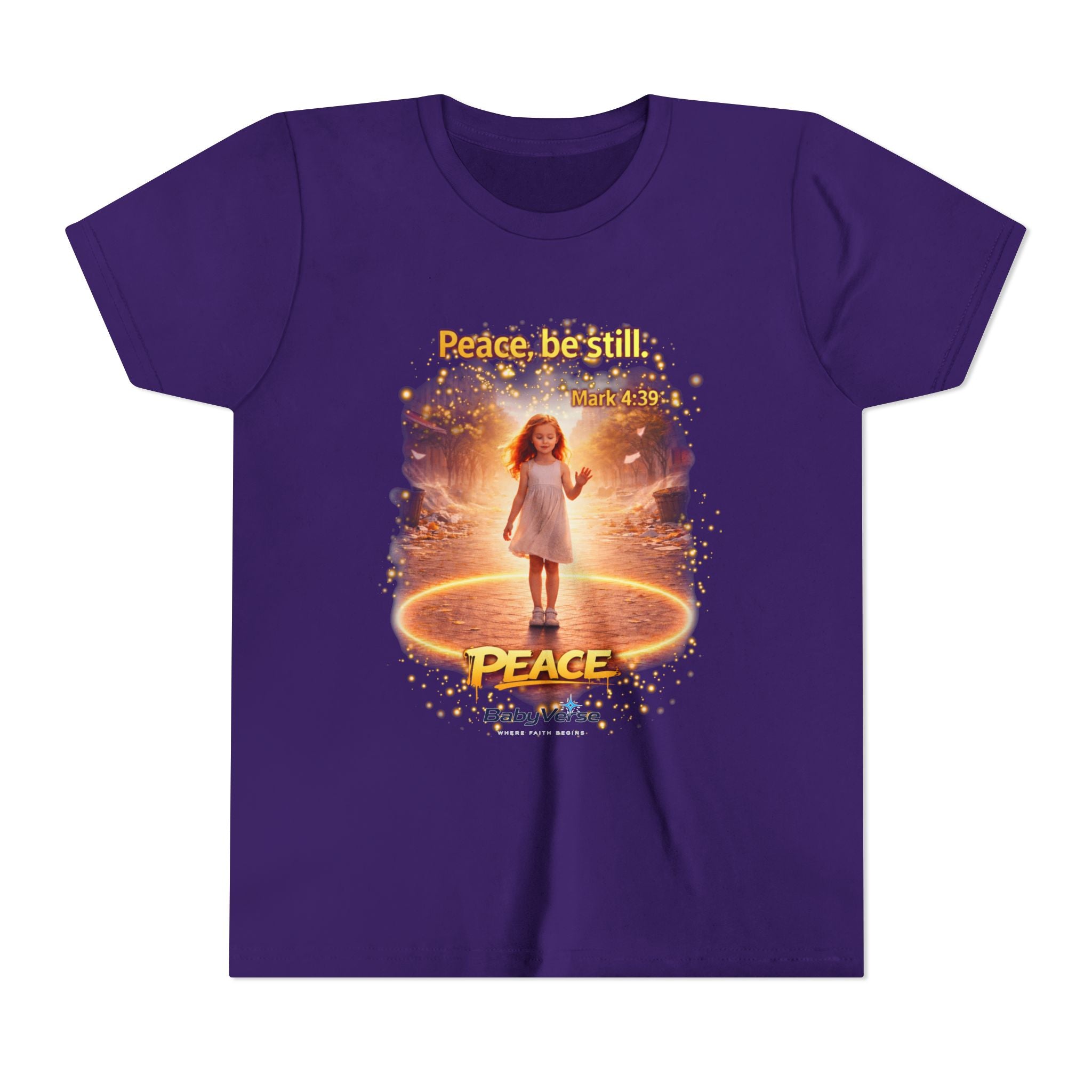 Youth Christian T-Shirt “Peace Be Still” | Mark 4:39 Kids Faith Shirt | Bible Verse Youth Tee