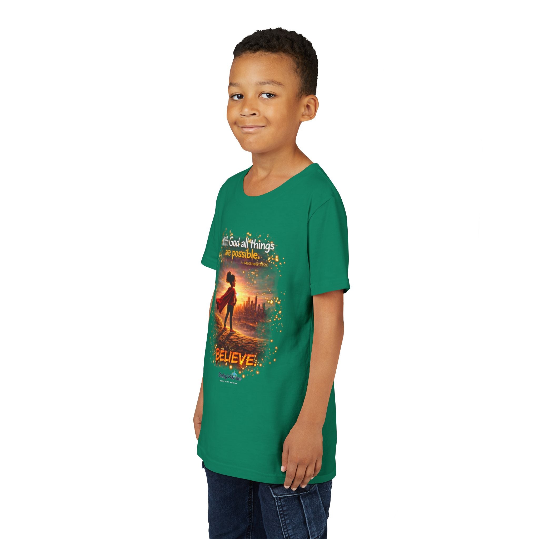 Youth Christian T-Shirt “Believe” | Matthew 19:26 Faith Kids Shirt | Inspirational Bible Verse Youth Tee