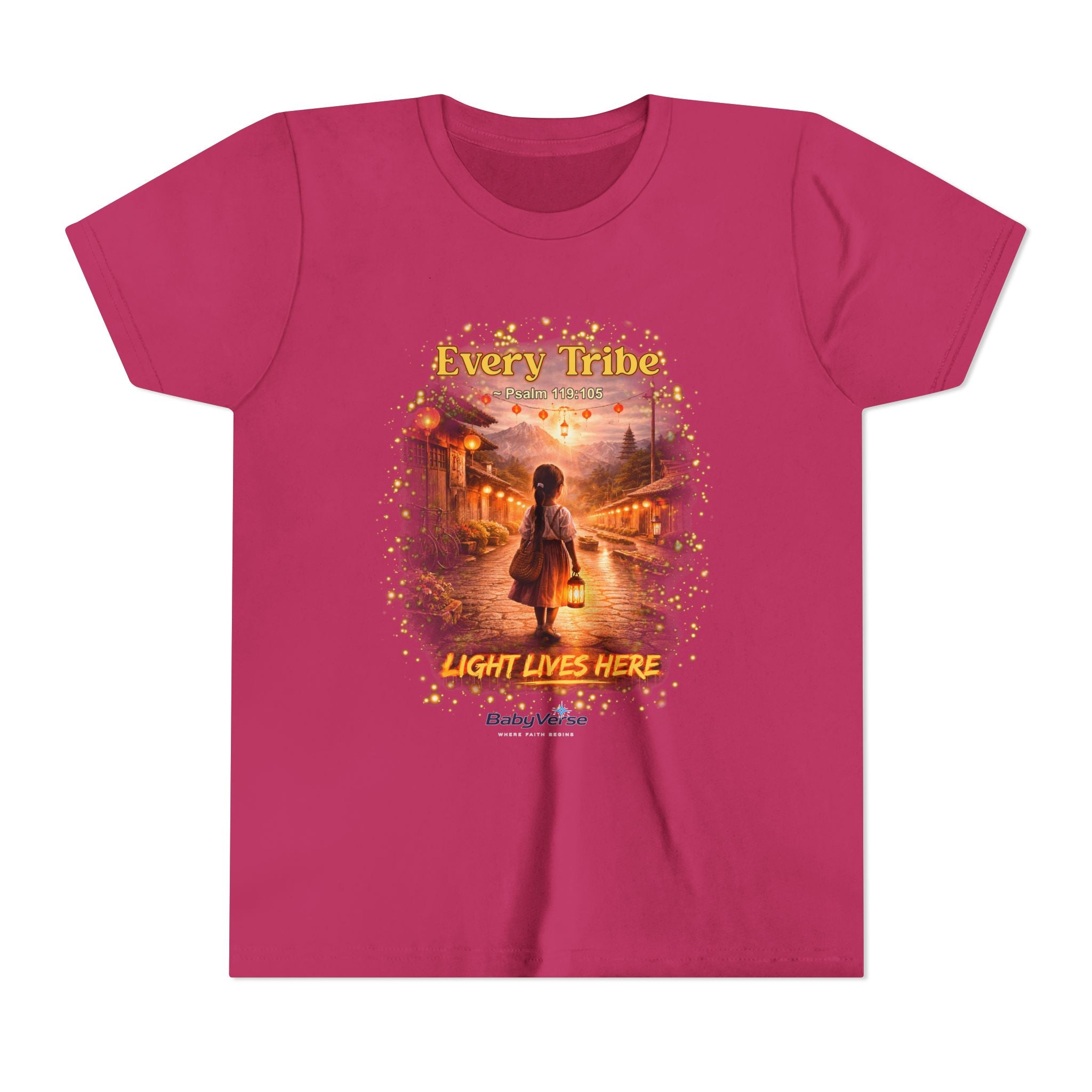Youth Christian T-Shirt “Light Lives Here” | Psalm 119:105 Faith Kids Shirt | Inspirational Youth Tee