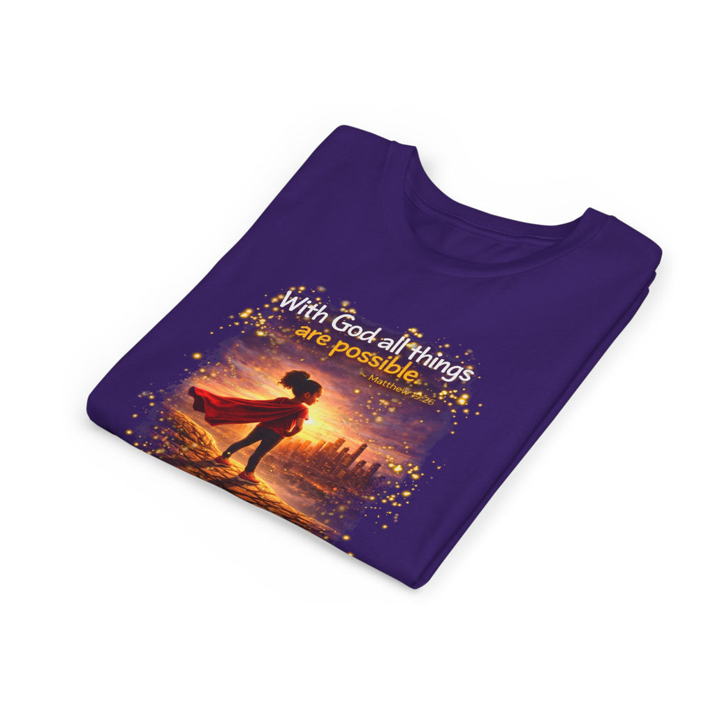 Youth Christian T-Shirt “Believe” | Matthew 19:26 Faith Kids Shirt | Inspirational Bible Verse Youth Tee