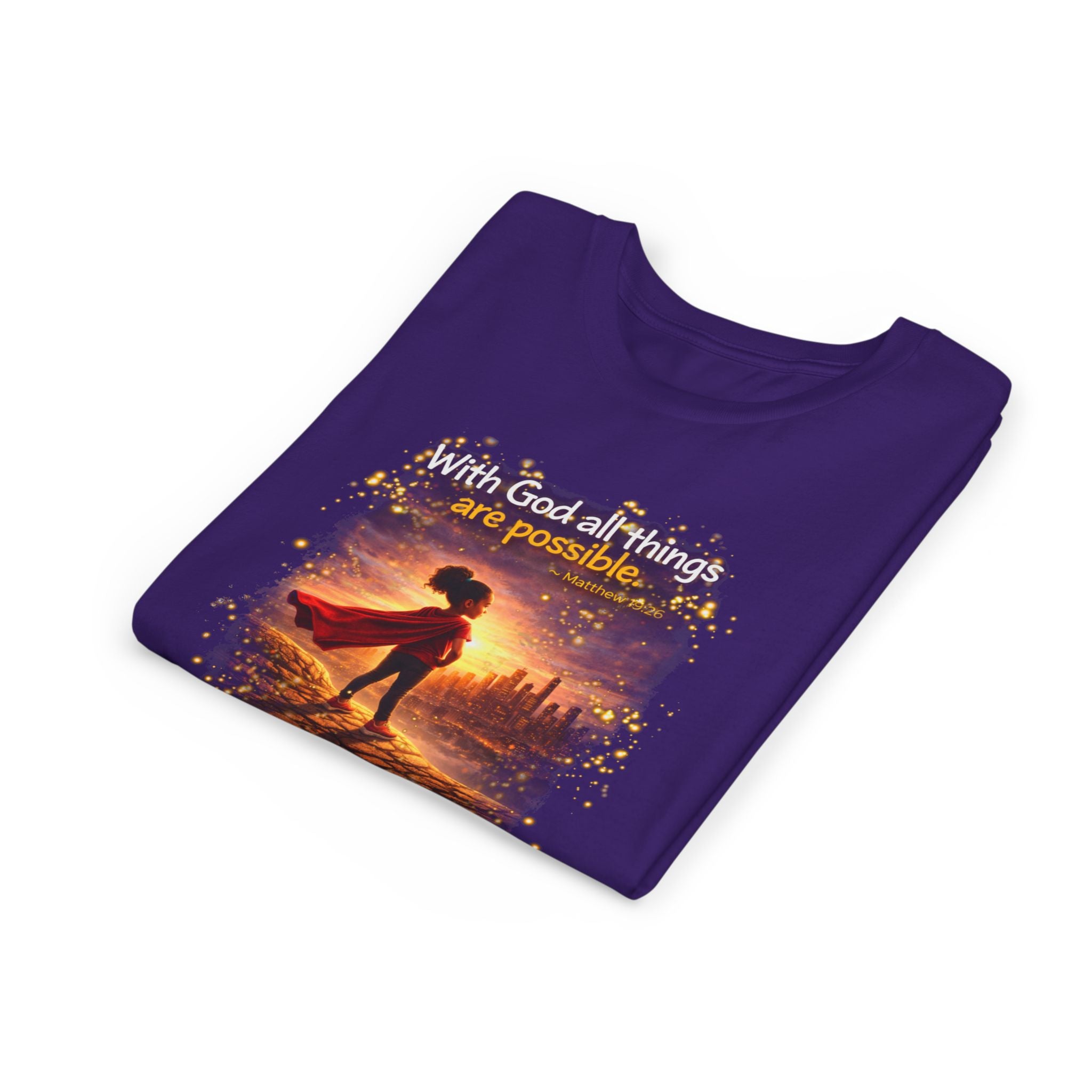 Youth Christian T-Shirt “Believe” | Matthew 19:26 Faith Kids Shirt | Inspirational Bible Verse Youth Tee