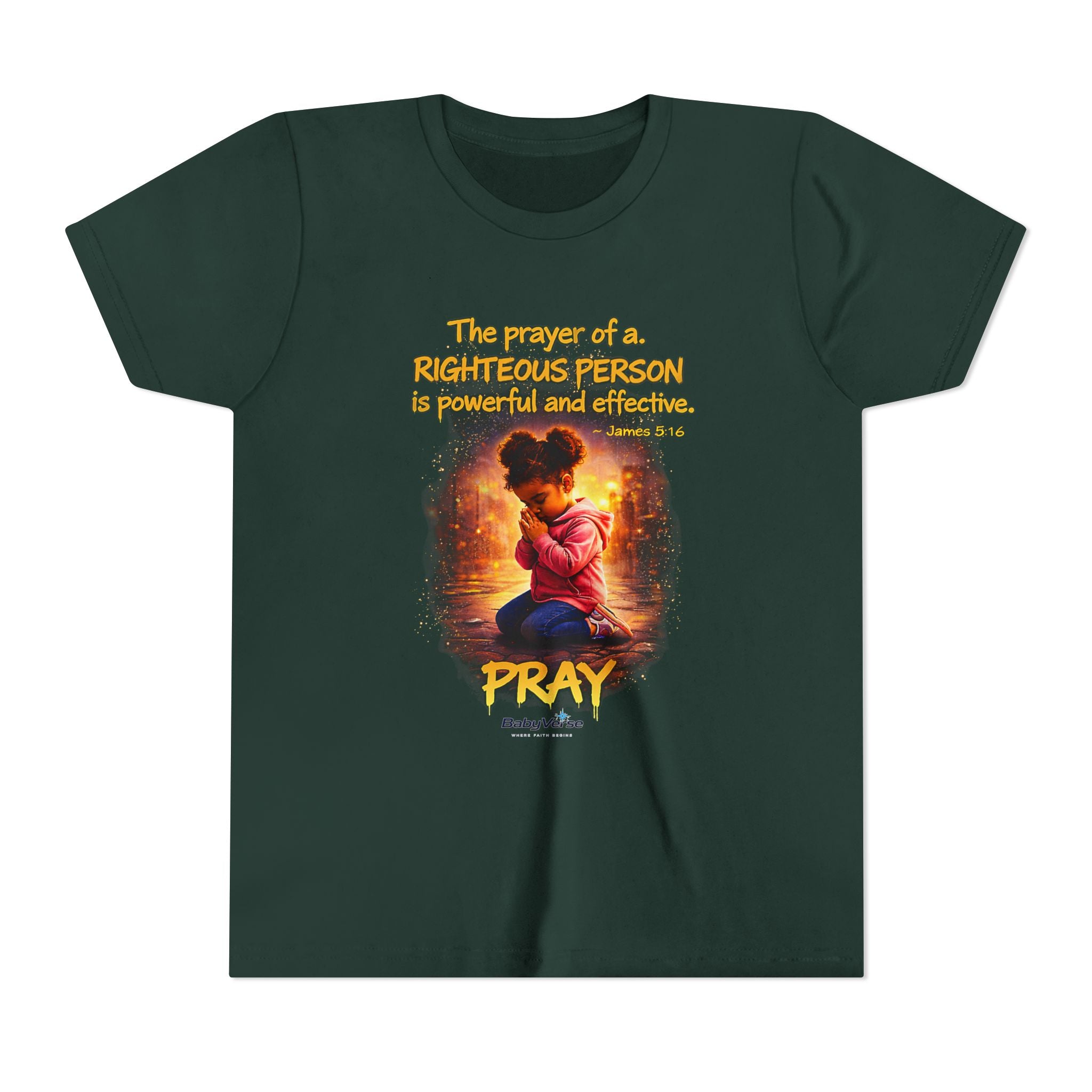 Youth Christian T-Shirt “Pray” | James 5:16 Faith Kids Shirt | Inspirational Youth Tee