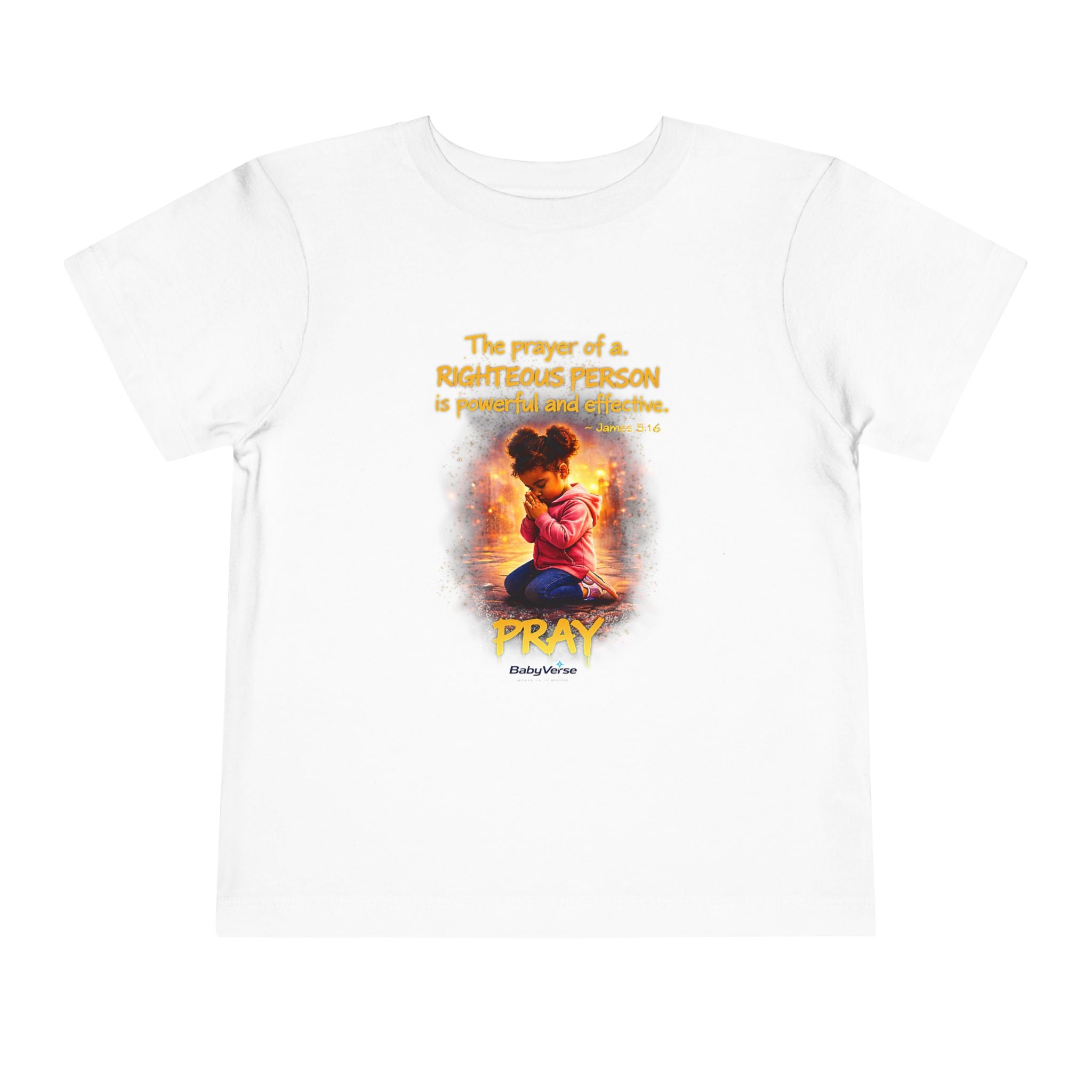 Toddler Tee — “Pray” Inspirational Christian Tee | James 5:16 Bible Verse Faith Shirt for Kids
