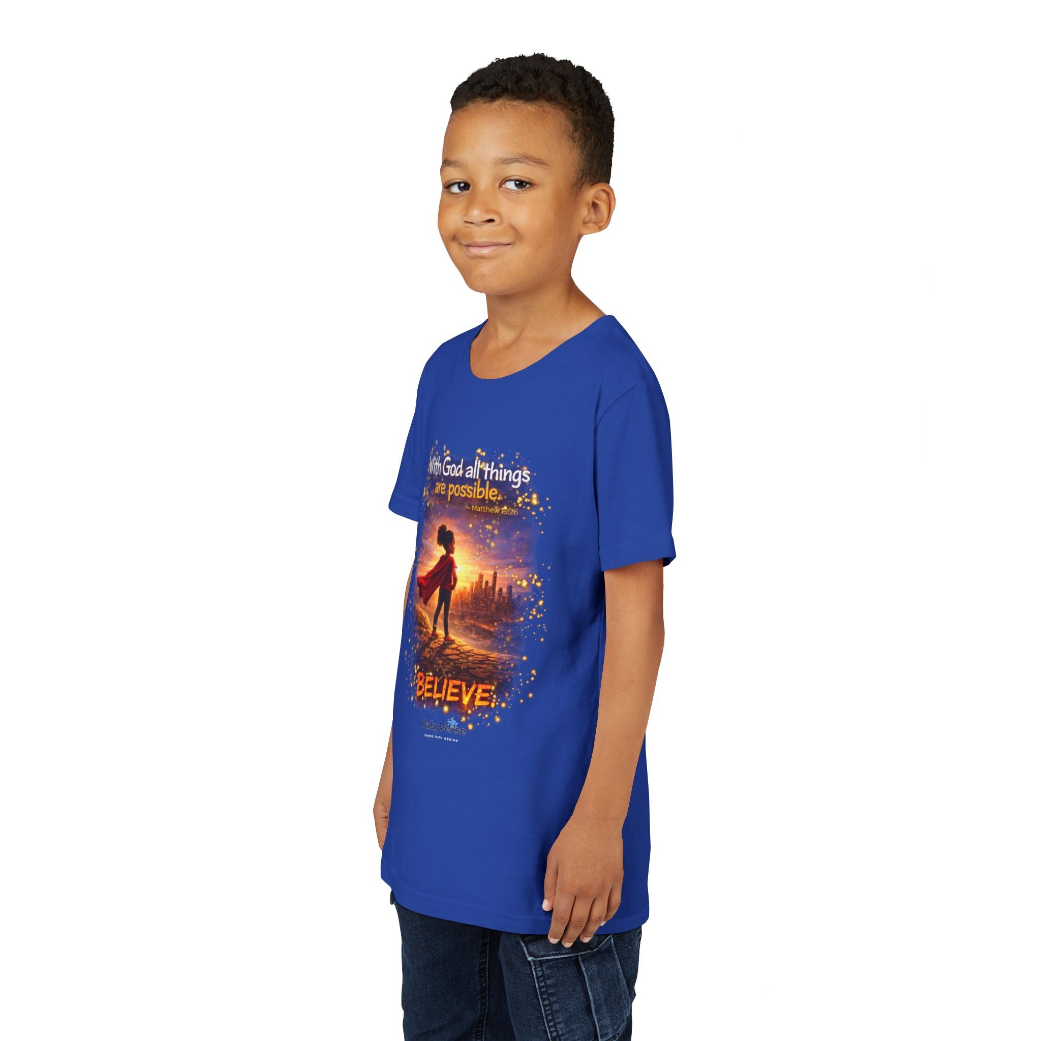 Youth Christian T-Shirt “Believe” | Matthew 19:26 Faith Kids Shirt | Inspirational Bible Verse Youth Tee