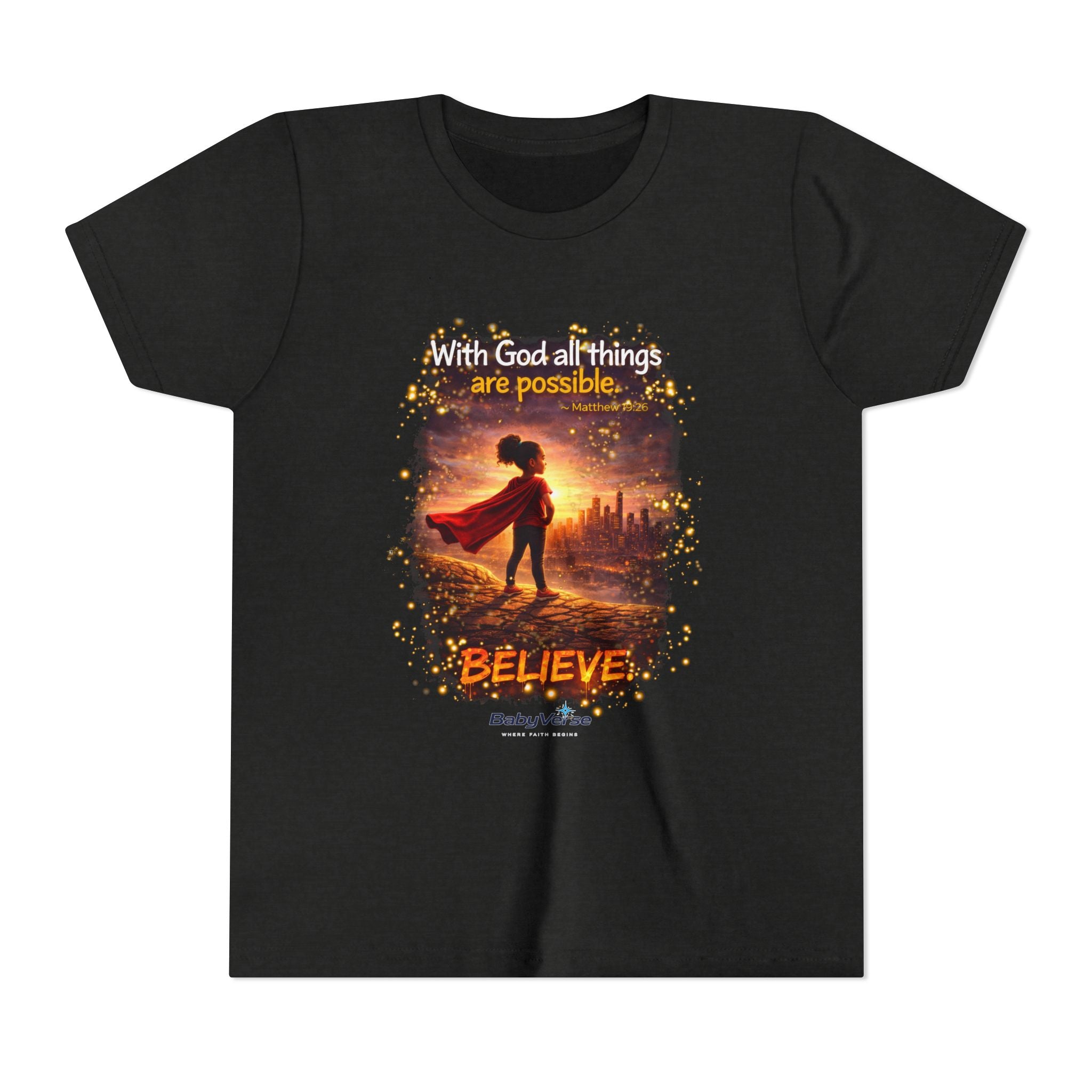 Youth Christian T-Shirt “Believe” | Matthew 19:26 Faith Kids Shirt | Inspirational Bible Verse Youth Tee