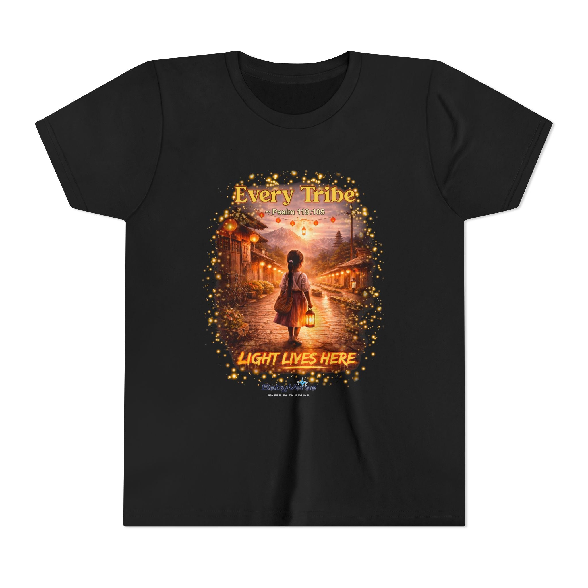 Youth Christian T-Shirt “Light Lives Here” | Psalm 119:105 Faith Kids Shirt | Inspirational Youth Tee