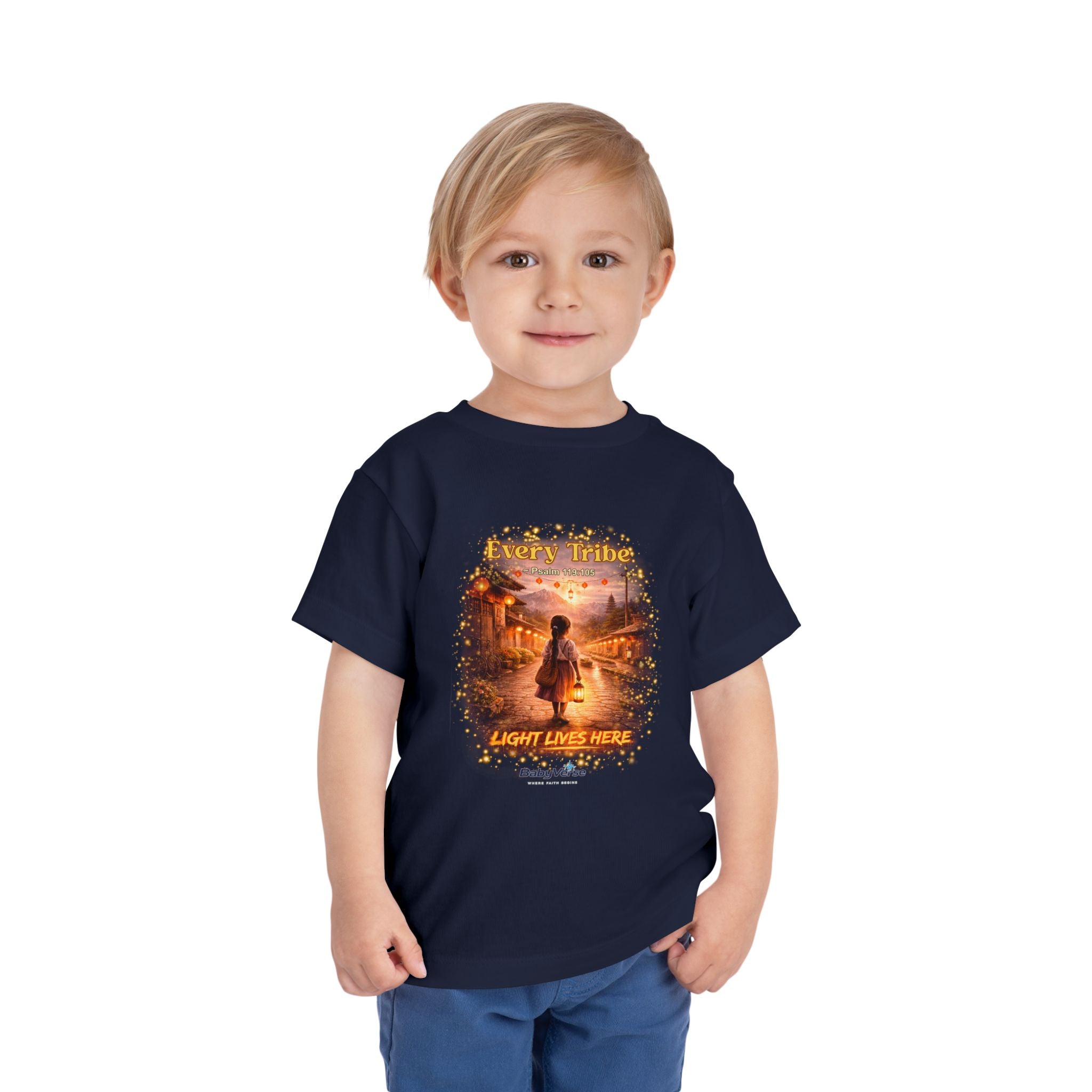 Toddler Tee — “Light Lives Here” Inspirational Christian Tee | Psalm 119:105 Faith Shirt for Kids