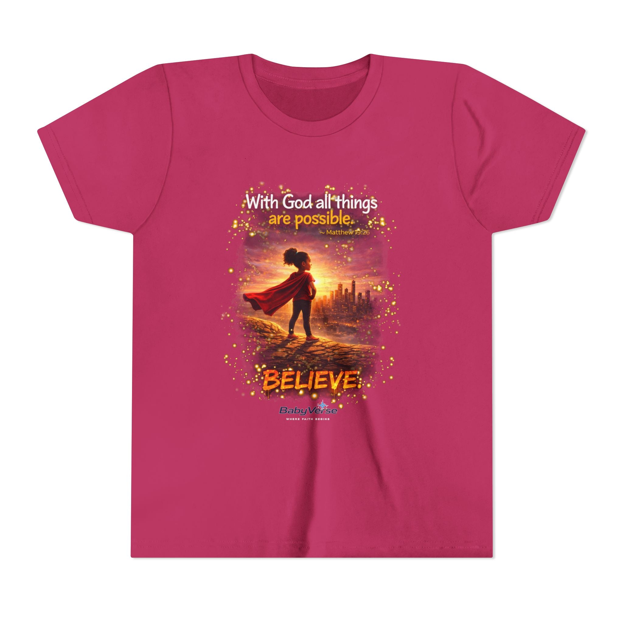 Youth Christian T-Shirt “Believe” | Matthew 19:26 Faith Kids Shirt | Inspirational Bible Verse Youth Tee